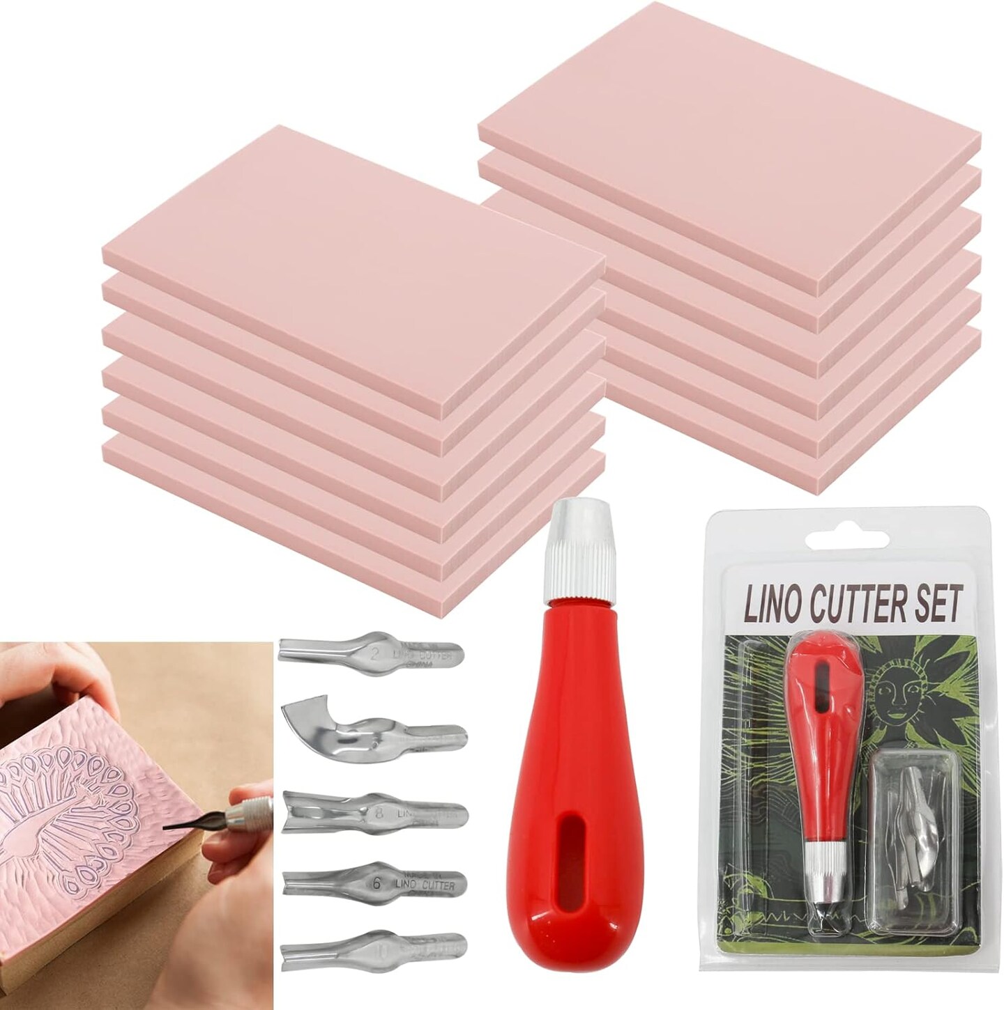 12PCS Rubber Carving Blocks Linoleum Block 4"x6" Rubber Stamp Carving Blocks Stamp Making Kit Linoleum Cutter with Blades and Carving Rubber Stamps for Stamp Carving, Printmaking