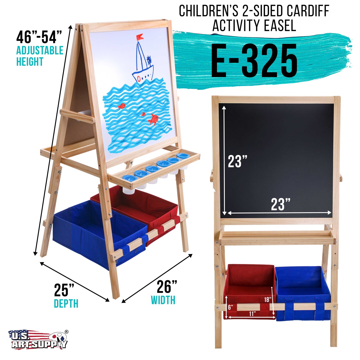 Children&#x27;s Cardiff Double-Sided Art Activity Easel with Chalkboard, Dry Erase Board, Paper Roll, 6 No-Spill Cups, 2 Storage Bins, 2 Trays - Kids Paint