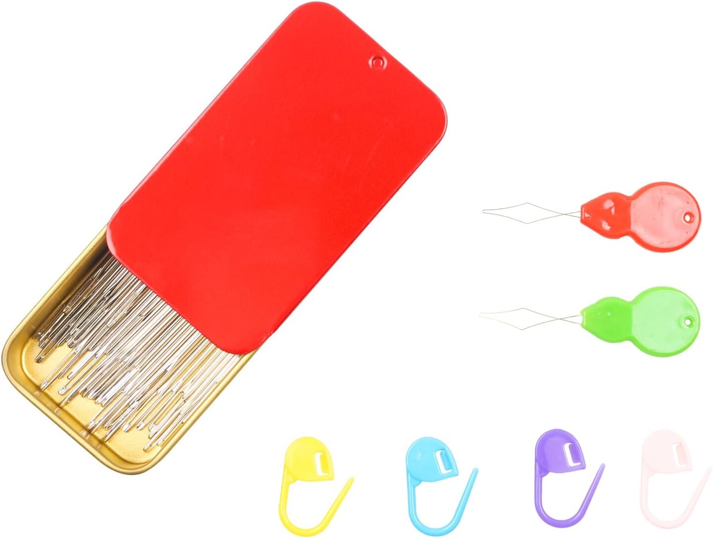 40PCS Large Eye Sewing Needles, 8 Sizes Hand Sewing Sharp Needles, Embroidery Needle, Leather Needle,Stainless Steel Yarn Needles with Threaders &#x26; Stitch Markers (Red)