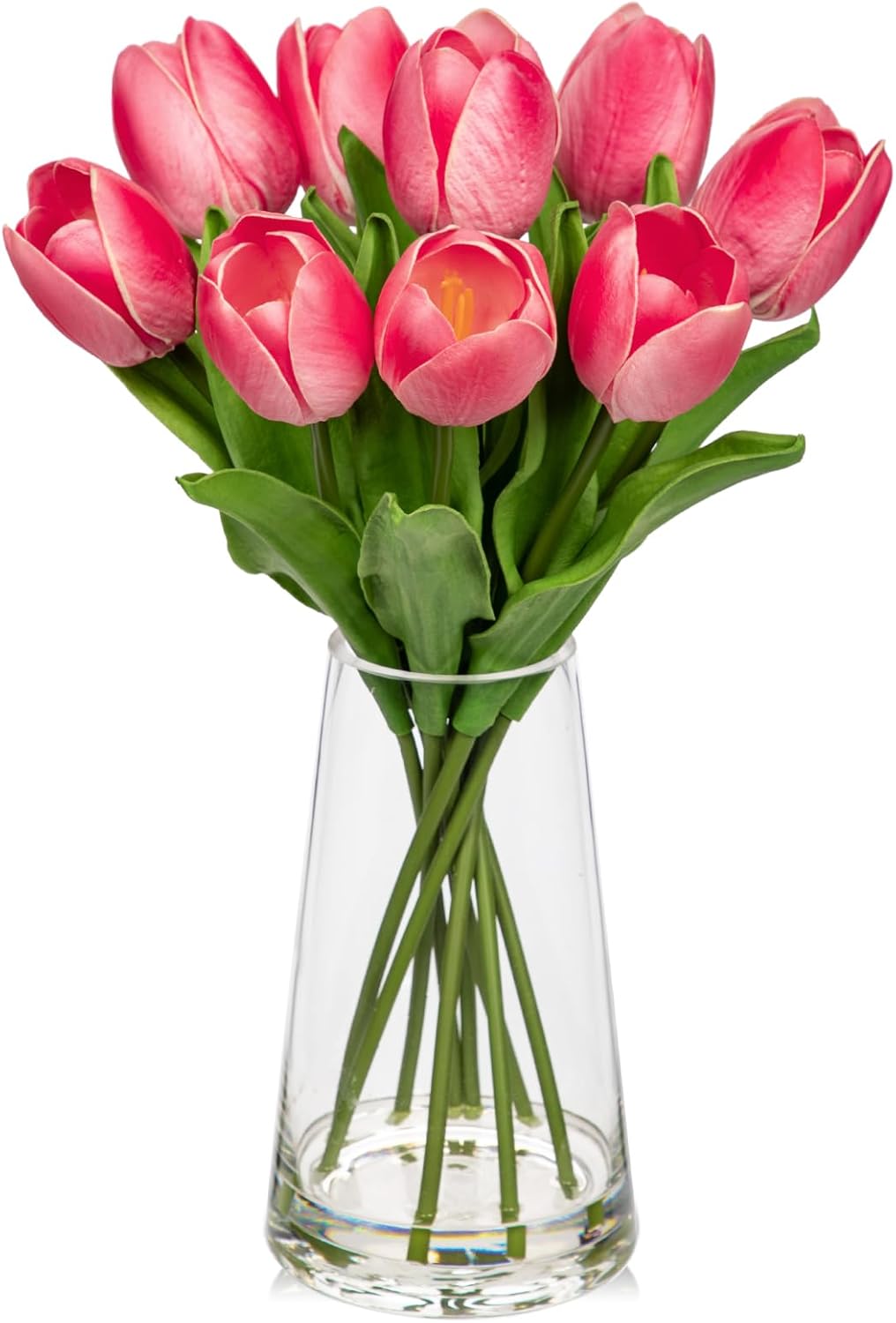 Fake Tulips Artificial Tulip Flowers in Glass Vase with Faux Water, 14.2&#x22; Real Touch Pink Tulip Flowers Spring D&#xE9;cor for Table Centerpiece Home Farmhouse Resto Wedding Decoration