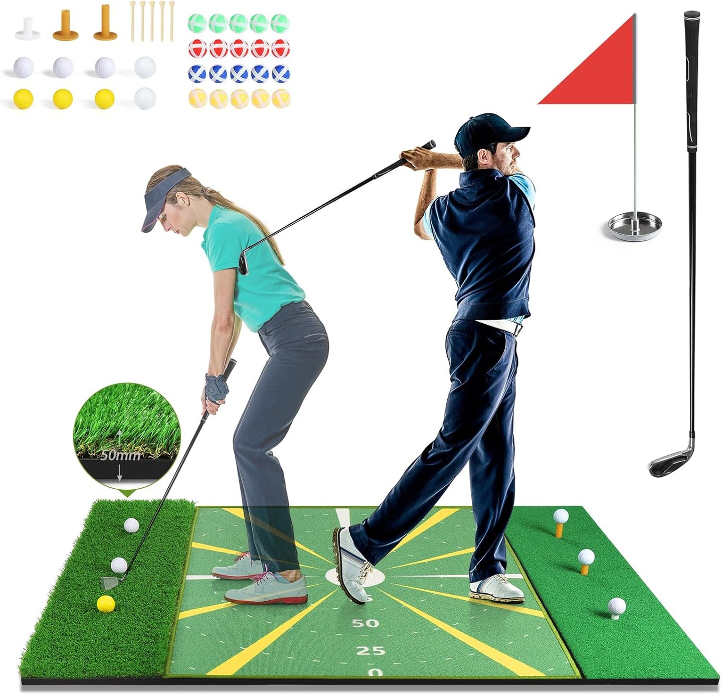 5x4ft Golf Hitting Mat &#x26; Floating Golf Green (1.5x1.2m) - Premium Practice Turf for Indoor/Outdoor, Pool, Backyard with 7-Iron Club, Balls, Tees - Perfect Gift for Men/Dad/Golf Lovers
