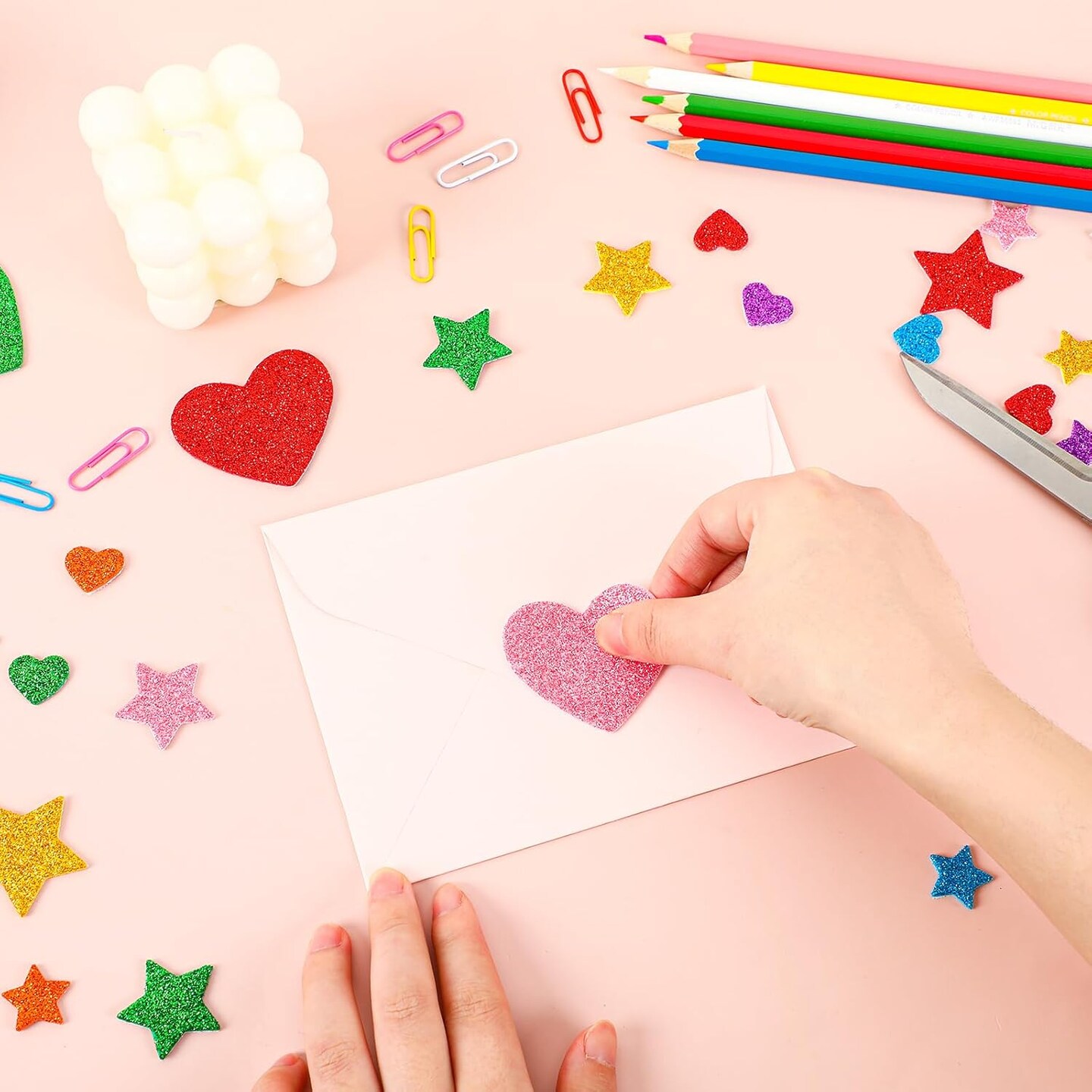Colorful Glitter Foam Sticker, 300Pcs Stars Heart Shapes Glitter Self Adhesive Foam Stickers for Kids Party Favors Toddler DIY Crafts Supplies Home Decorations