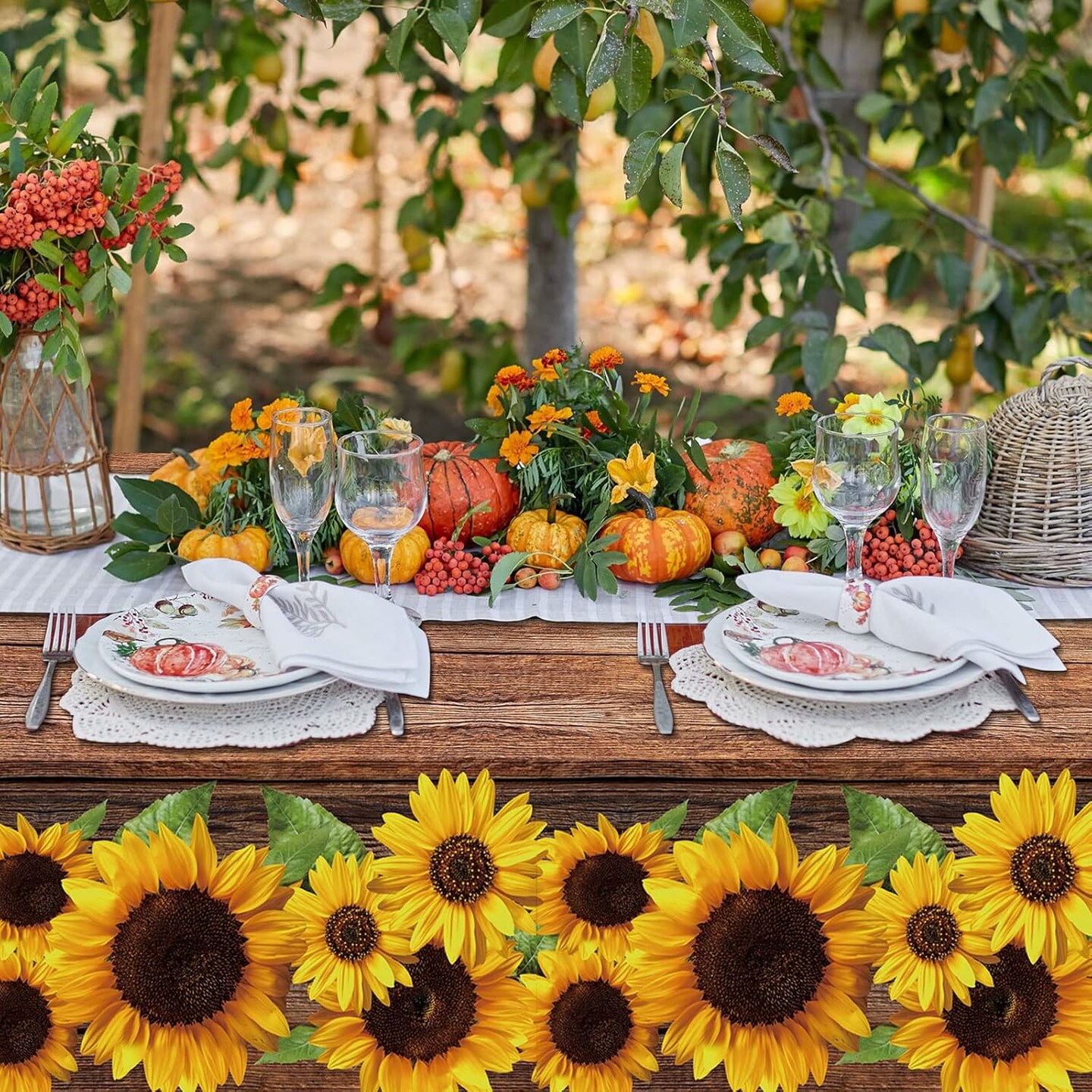 3 Pcs Sunflower Wood Grain Plastic Rustic Tablecloth Vintage Rectangle Table Covers Countryside Outdoor Tablecloth for Dining Table Kitchen Party Banquet, 54 x 108 Inch