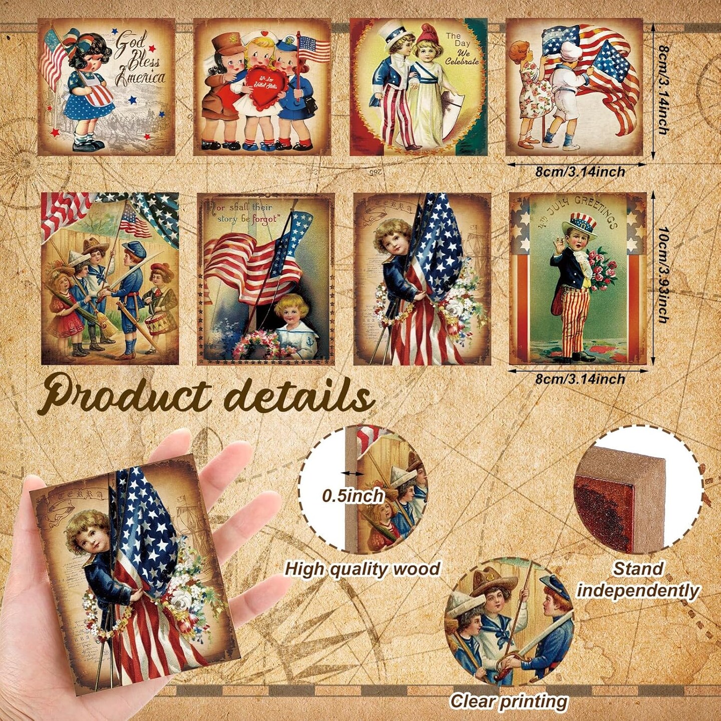 8 Pcs Vintage 4th of July Decorations Retro Patriotic Wooden Sign Independence Day Tabletop