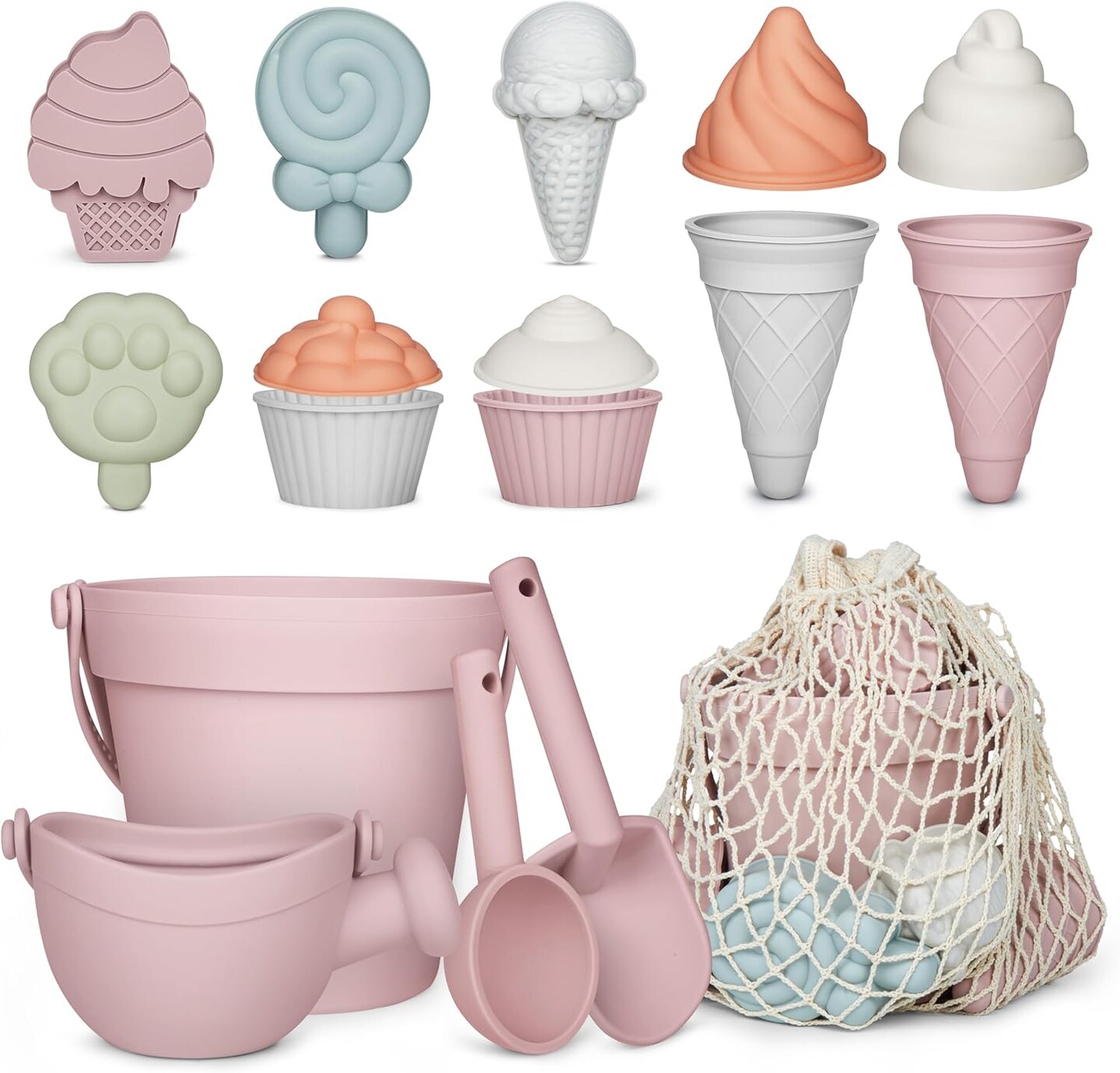 17Pcs Summer Silicone Beach Toys,Modern Baby Beach Toys,Travel Friendly Beach Set,Silicone Bucket, Watering Can, Shovel, 12 Sand Molds, Beach Bag,Silicone Sand Toys for Toddlers, Kids (Pink)