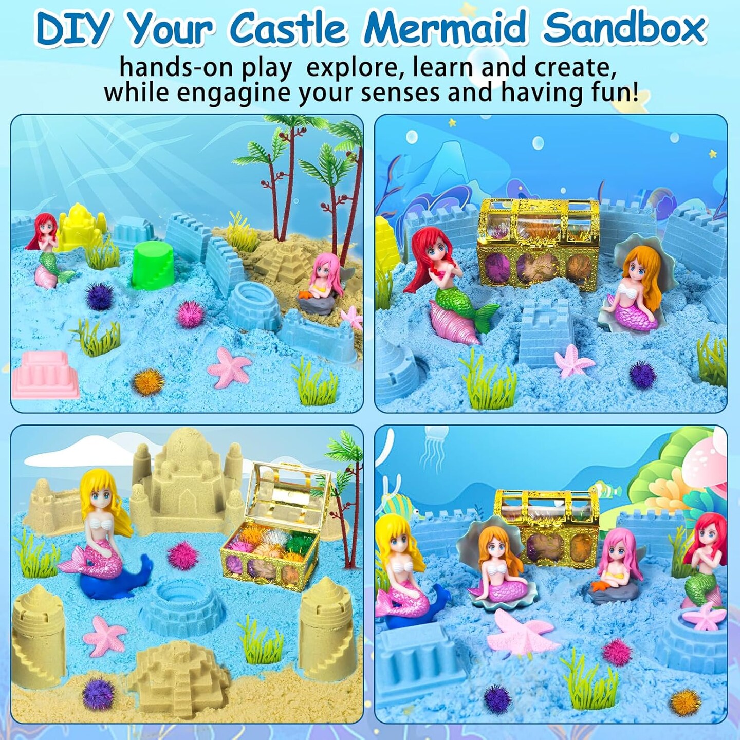 Summer Mermaid Sensory Bin Sandbox Toys for Toddlers Girls Kids- Mermaid Toys for Kids Play Sand Kit Sensory Sand Bin Toys with 2.2 lbs Sand &#x26; Castle Mold,Great Christmas Birthday Gift for Girl Kids