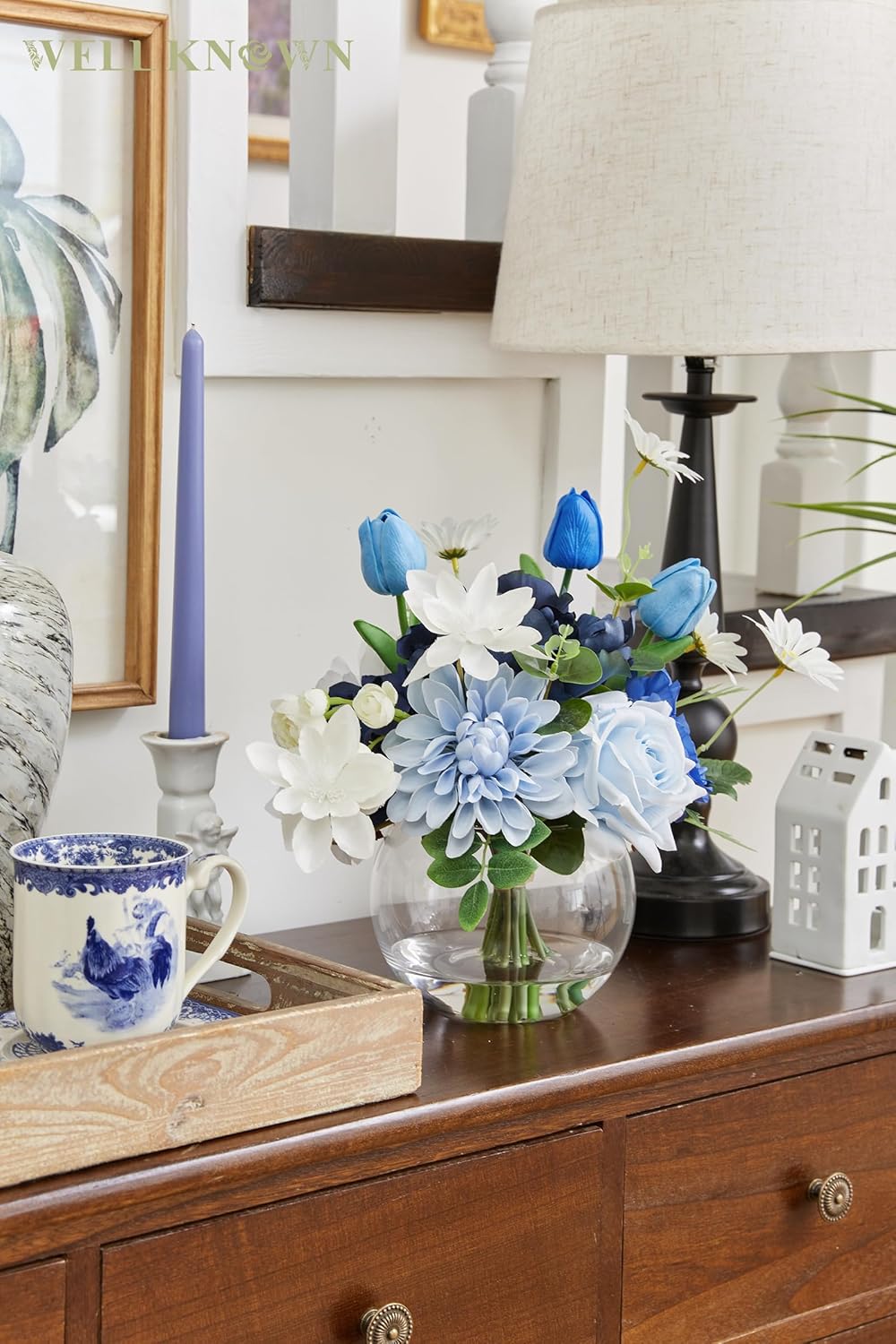 Artificial Flowers with Vase Silk Flower Arrangements in Round Bowl Vase with Faux Water for Home Table Decoration (Mixed Blue)