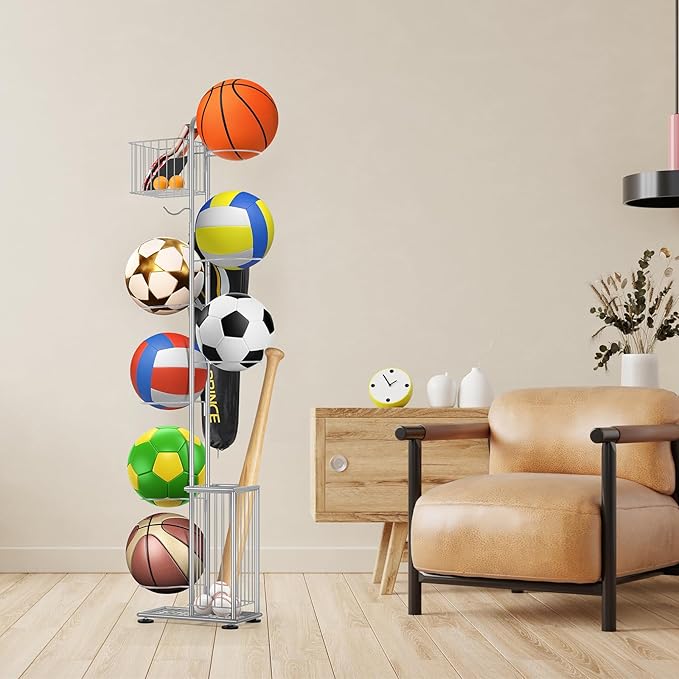 7-Tier Metal Ball Storage Rack with 2 Baskets &#x26; Hooks &#x2013; Vertical Space-Saving Organizer for Basketball, Football, Volleyball, Gear | Indoor/Outdoor Garage, Gym, Kids&#x2019; Room
