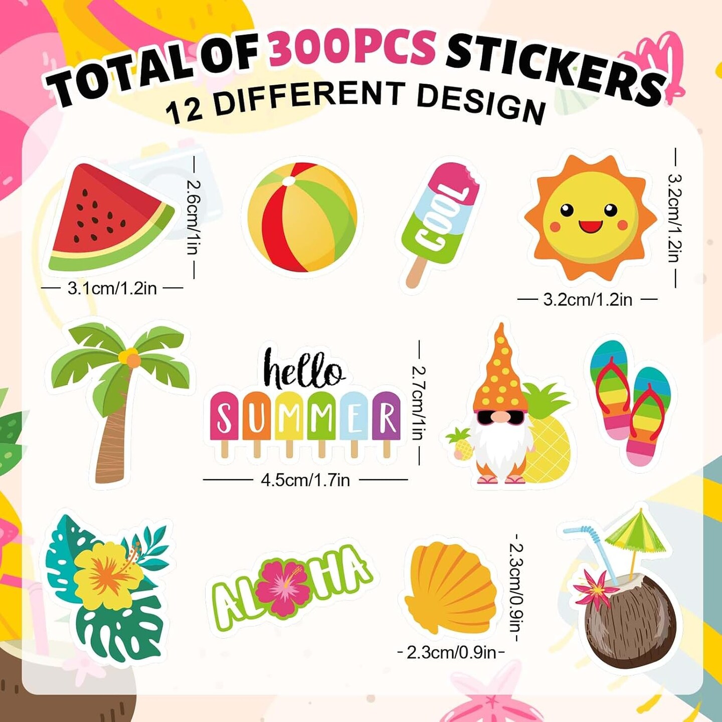 300Pcs Summer Foam Stickers Hello Summer Gnome Tropical Beach Watermelon Hawaii Decals Mixed Bulk Cartoon Self-Adhesive Decorative for DIY Art Craft Scrapbook Journal Party Supplies