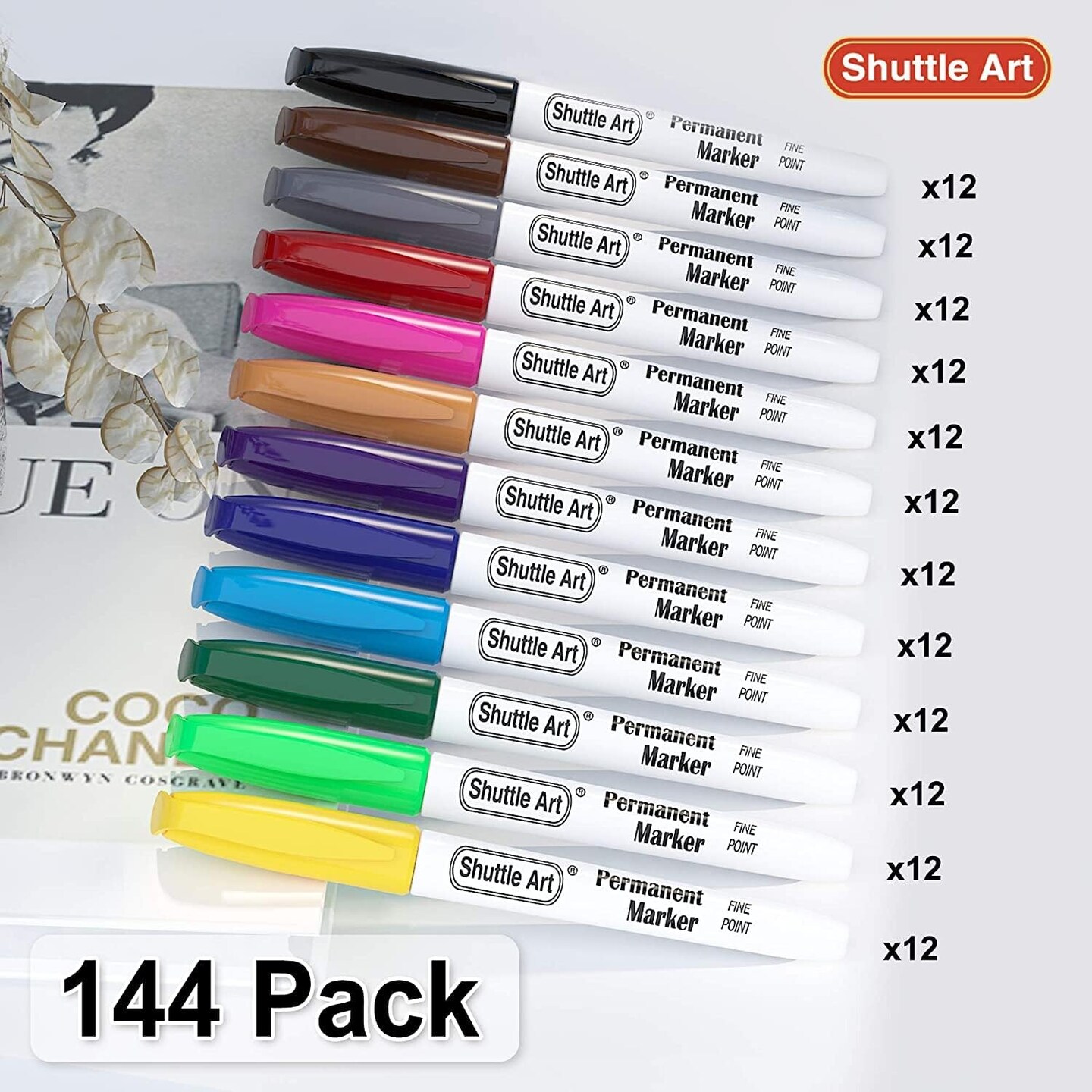 144 Pack Permanent Markers, Permanent Marker Assorted Colors, 12 Bright Colors Fine Point Permanent Markers For Kids and Adult Coloring on Wood, Stone, Glass as Office, School Supplies