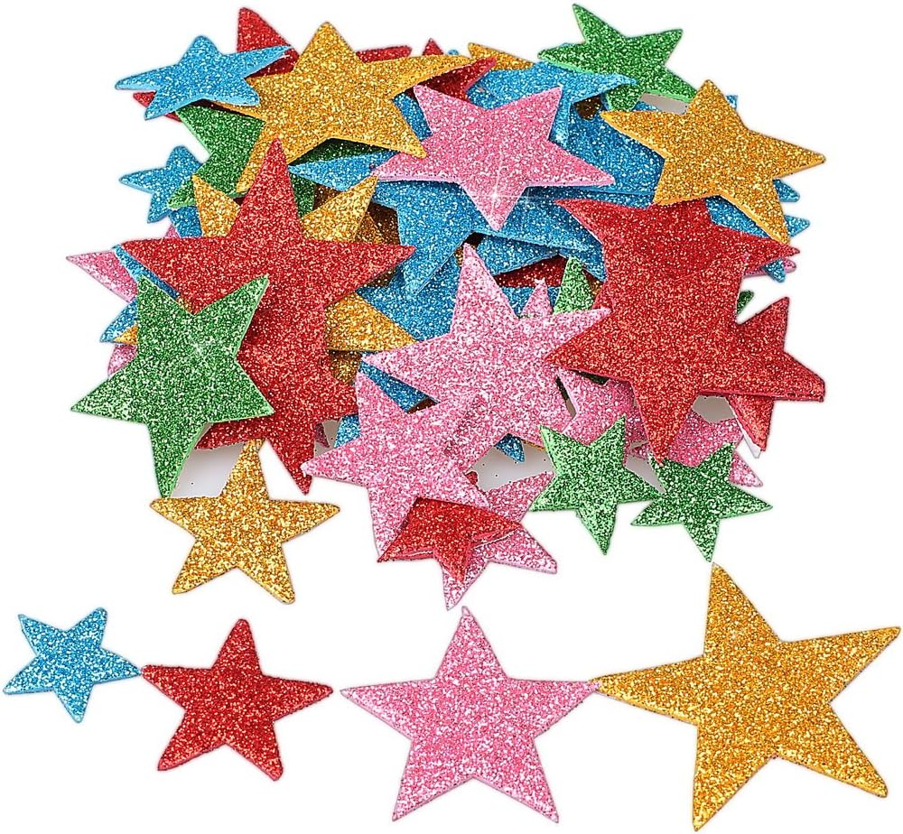 210 Pieces Colorful Glitter Foam Star Stickers, Self Adhesive Shaped Wall Stickers for Kid&#x27;s Arts Craft Supplies Home Birthday Party Decoration (4 Sizes)