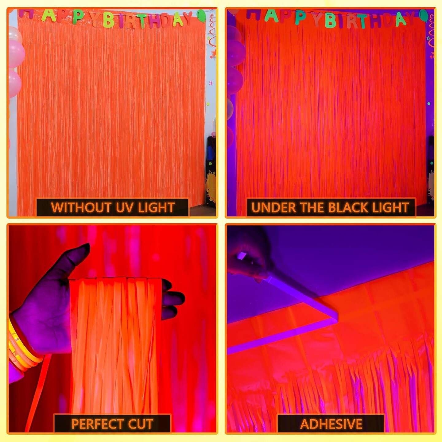 Glow in The Dark Party Supplies, 2 Pack Neon Party Decorations 6.6 x 6.6 ft Fluorescent Macaron Orange Tinsel Foil Fringe Curtains, Photo Booth Prop Backdrop Streamer, Birthday Party Decor