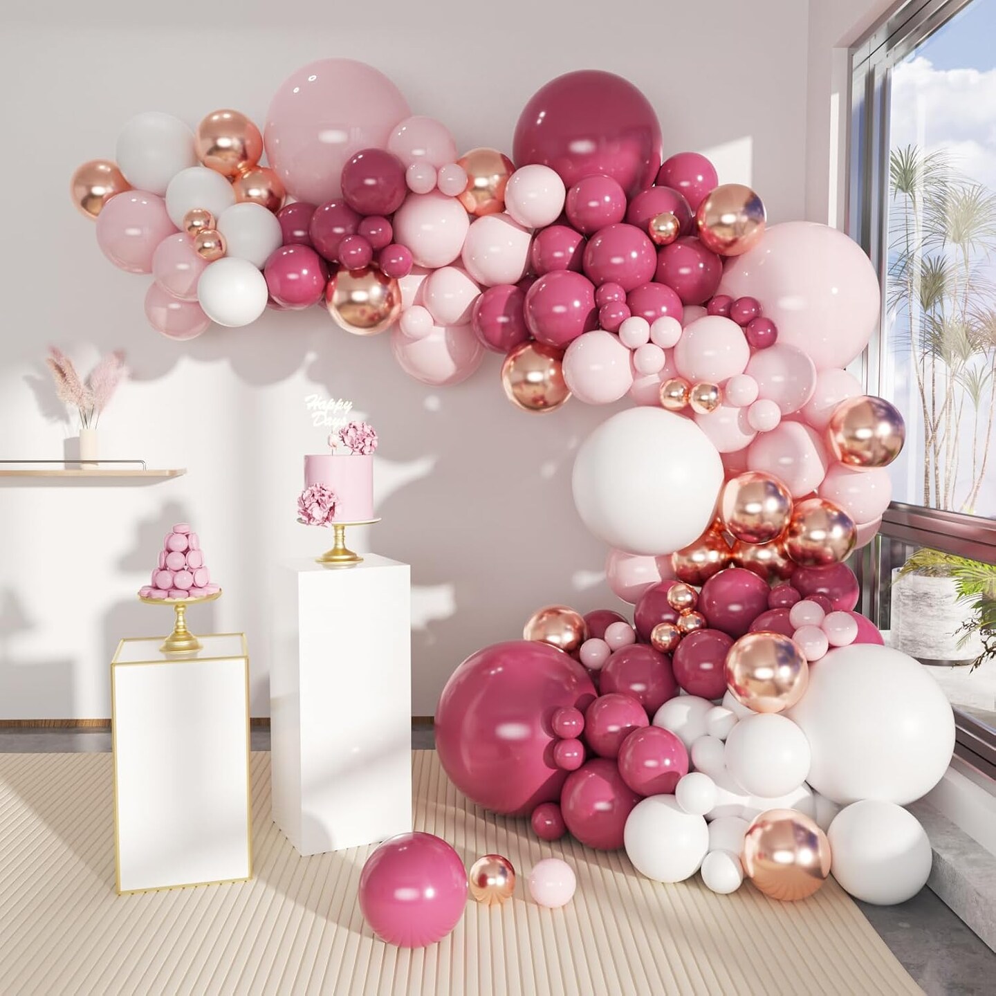 146 piece retro pastel balloon garland arch kit in dusty pink hot pink champagne gold sand and white featuring assorted sizes perfect for weddings birthdays graduations and elegant party decorations