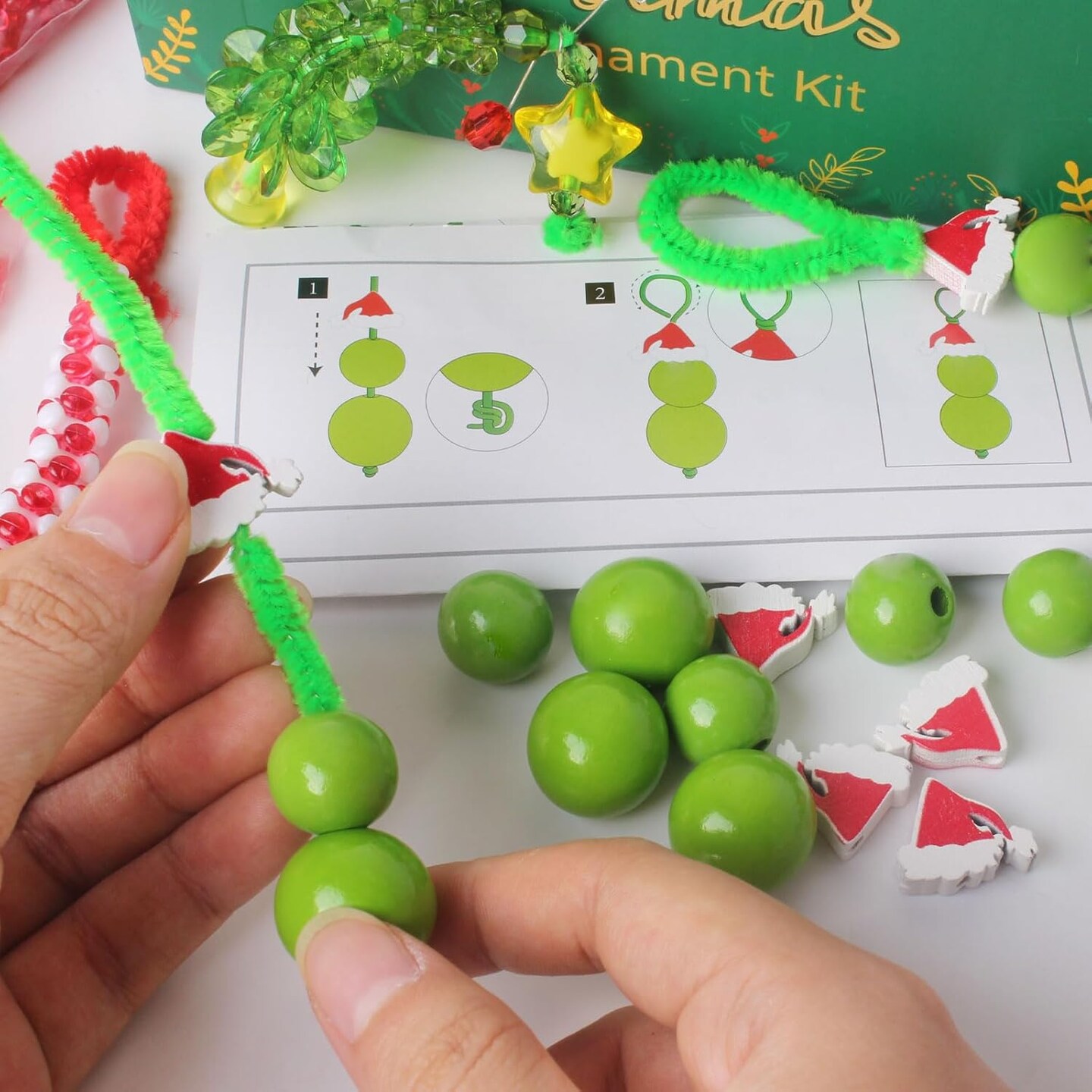 Christmas Crafts for Kids Adults,30 Sets Christmas Beaded Ornament Kit for Kids to Make-Including 12 PCS Green Monster/6 PCS Tree/12 PCS Candy Cane,Christmas Tree Decorations (Assembly Needed)