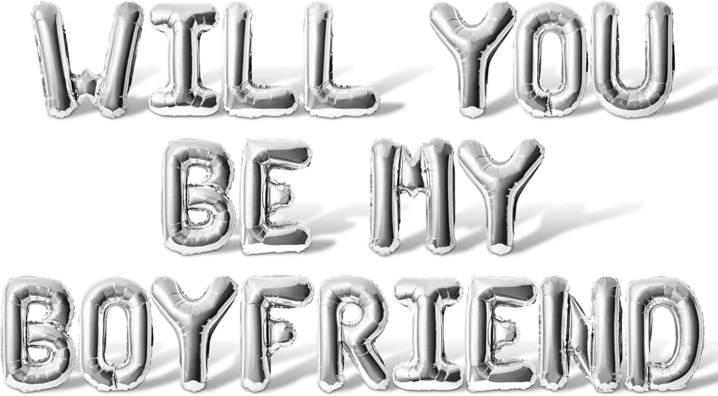 Letter Balloons - WILL YOU BE MY BOYFRIEND 16&#x22; Inch Alphabet Letters Foil Mylar Balloon Valentines Day Banner (Silver)