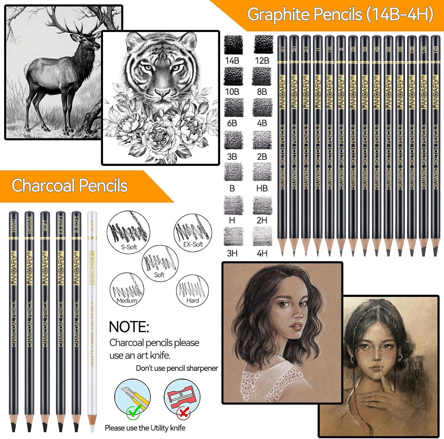 Drawing Sketching Pencil Set, 26 Piece Pro Art Pencil Sketch Kit - Graphite Pencils (14B-4H), Black and White Charcoal Pencils, Charcoal Sticks, Blending Stump, Eraser, Sharpeners