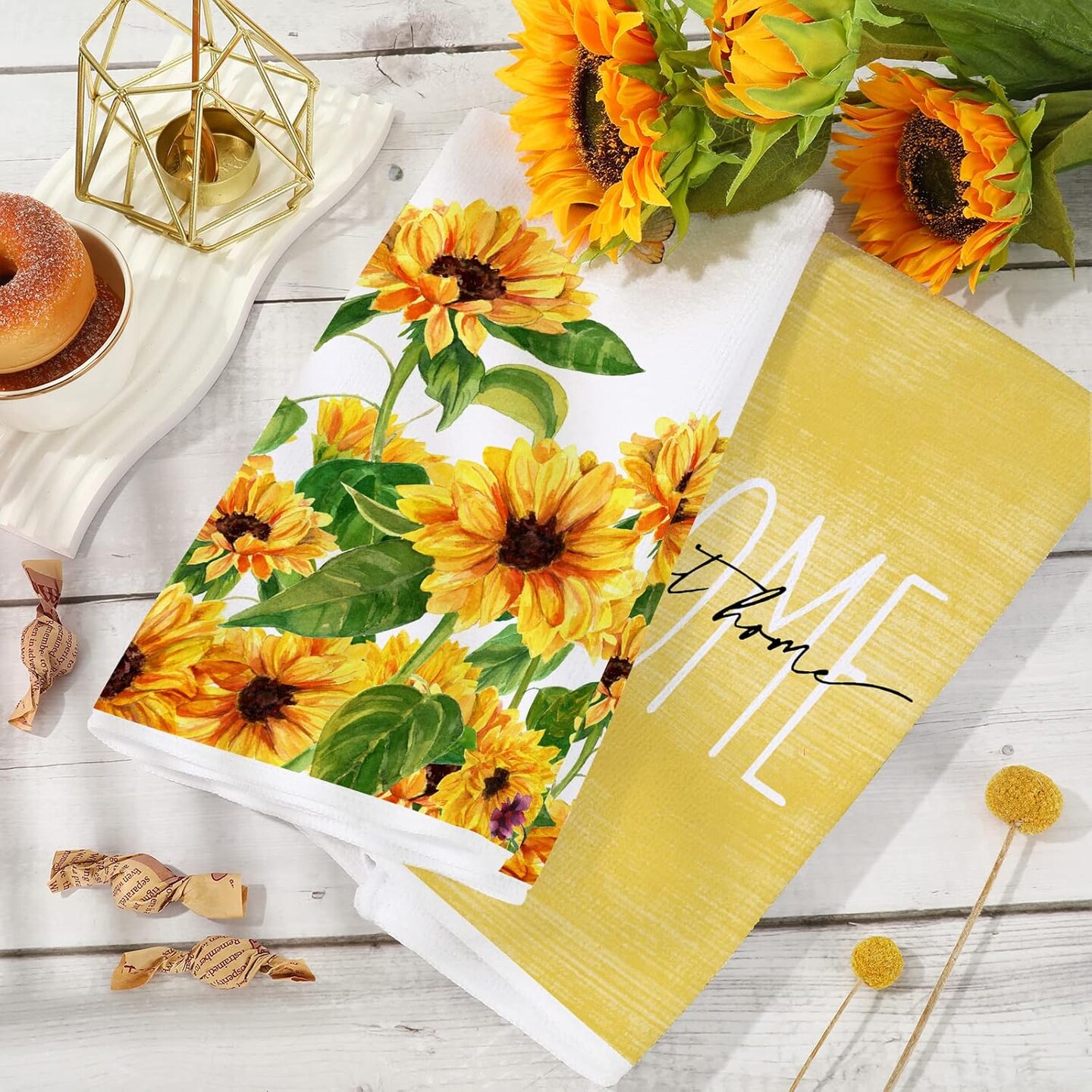 Sunflower Kitchen Towel Home Sweet Home Floral Dish Towel Spring Summer Flower Butterfly Hand Drying Tea Towel for Seasonal Cooking Baking Cleaning, 18 x 28 Inch, 2 Packs