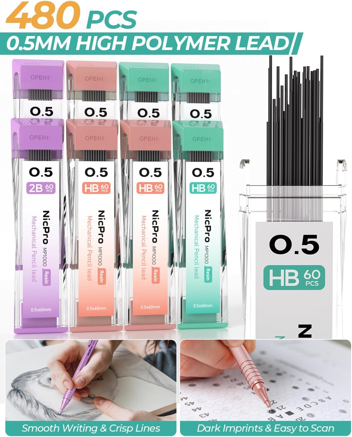 0.5 mm Metal Mechanical Pencil Set, 3PCS MP1000 Artist Lead Pencils With 480PCS HB 2B Lead Refills, Erasers, Pastel Aesthetic Mechanical Pencils for School Supplies Writing Drawing Sketching
