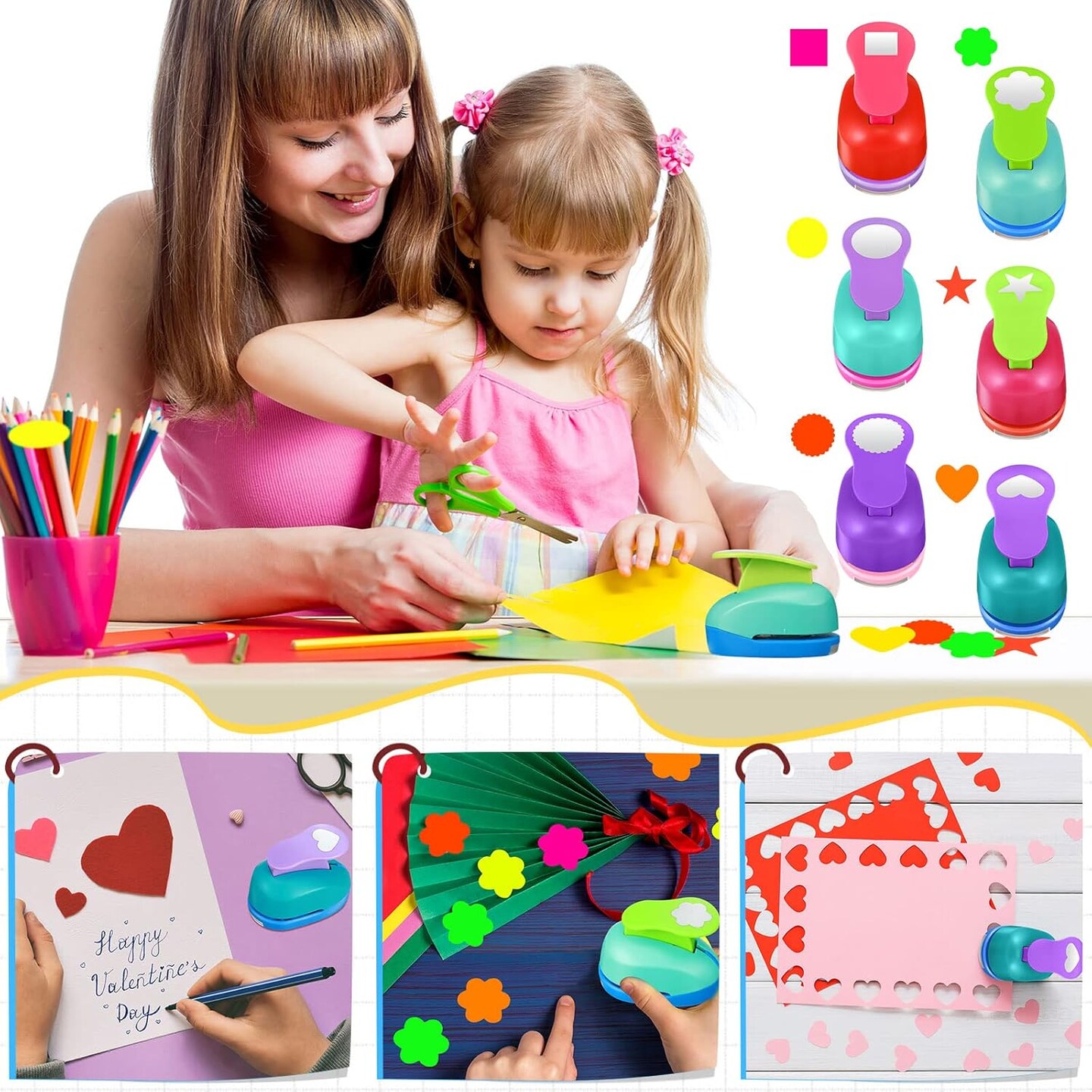 6 Pcs Colorful Craft Hole Punch with 30 Pcs Colorful Craft Sticker Paper Punch 1 Inch Paper Punchers Scrapbook Punches with Craft Sticker Paper, Flower, Round, Star, Square, Heart, Wave Circle Shape