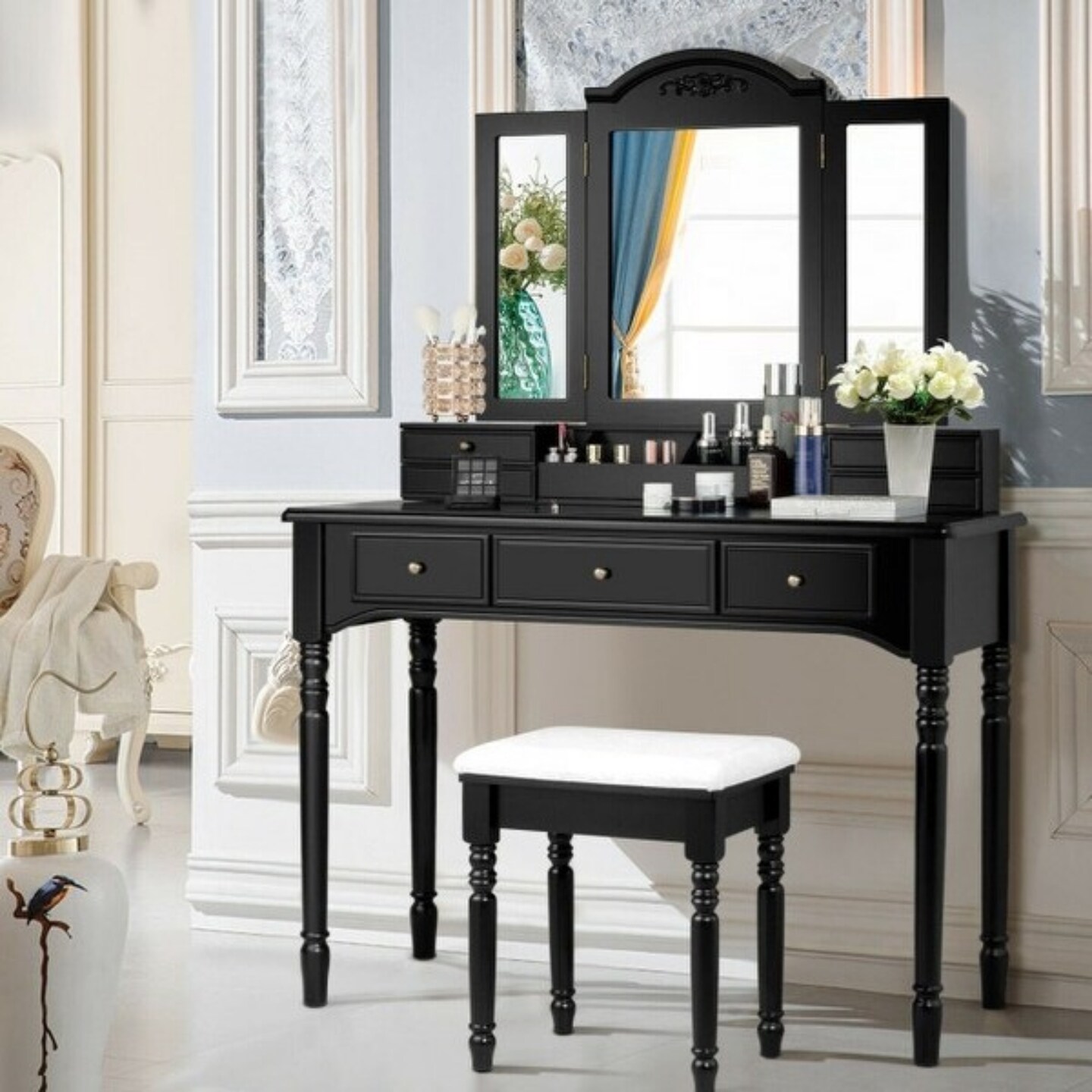 Makeup Dressing Table with Tri-Folding Mirror and Cushioned Stool Perfect for Women