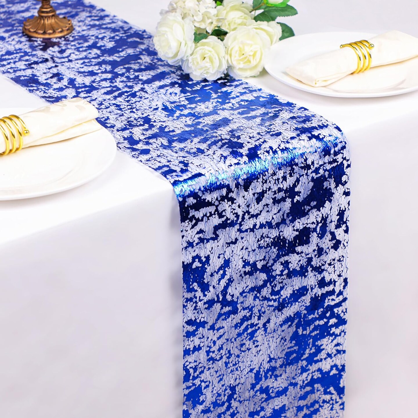 2 Pieces Royal Blue Table Runner, Sequin Glitter Foil Metallic Thin Mesh Runner Roll 11&#x22;x108&#x22; Blue Table Decorations for Wedding Birthday Party Christmas Graduations