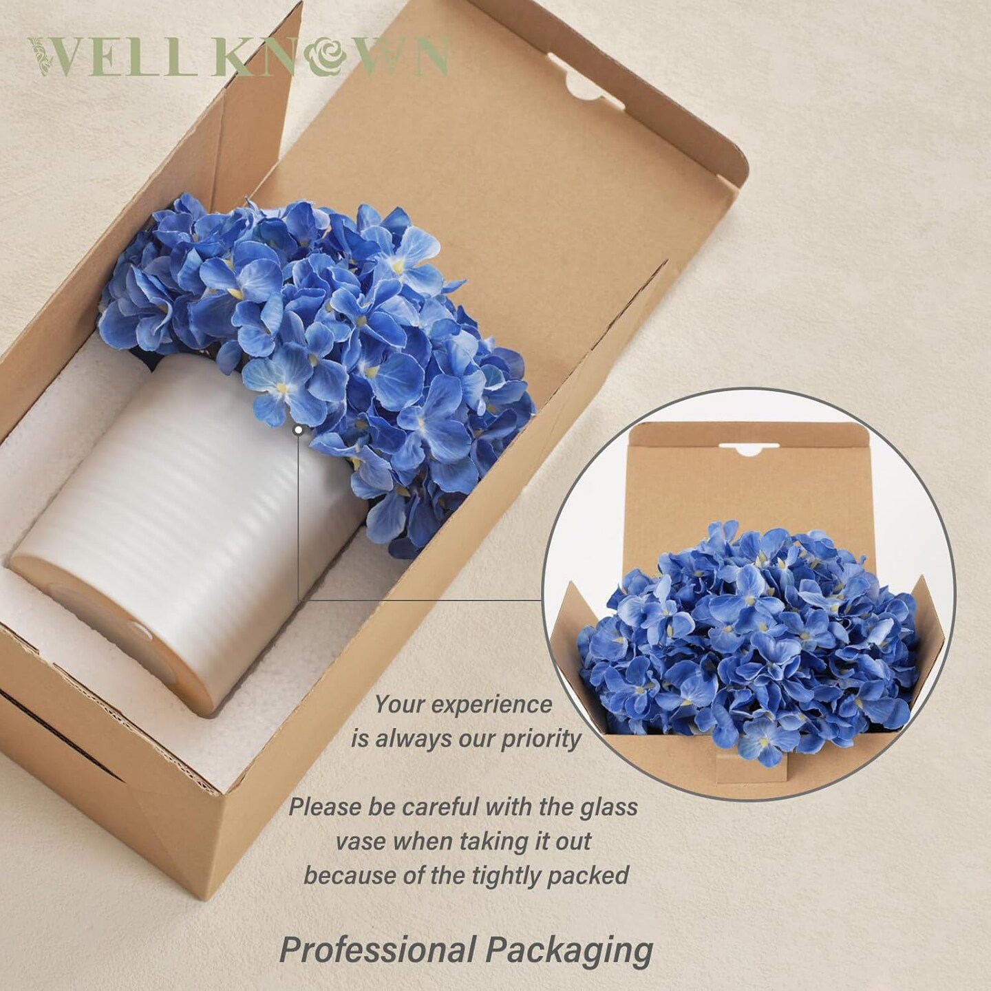 Artificial Hydrangea Fake Flowers in Vase, Fake Silk Flowers in Ceramic Vase, Artificial Plants in Pot for Fall Home Office Lavotory Table Shelf Decor (Blue)