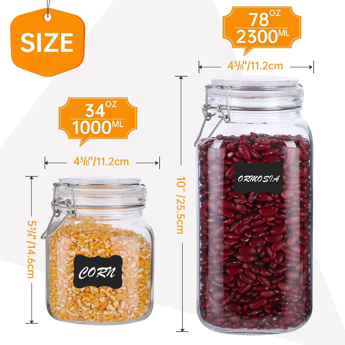 Mason Jars, 3 Pcs 78oz 2300ml Glass Food Storage Containers with Airtight Lids, Flour Sugar Storage Containers Sets for the Kitchen, With Metal Food Tongs & Measuring Cups & Sorting Labels