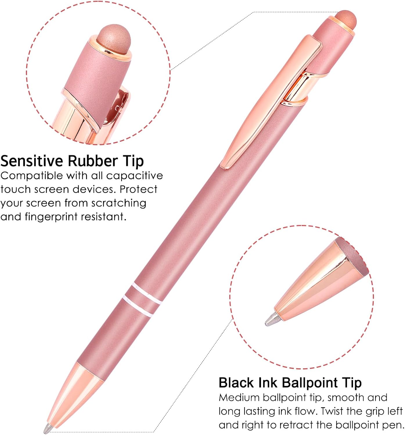 12pcs Ballpoint Pens, 2-in-1 Retractable Ballpoint Pen, 1.0mm Black Ink Soft Touch Click Metal Pen with Stylus Tip for Touch Screens&#xFF08;Rose Gold Color&#xFF09;