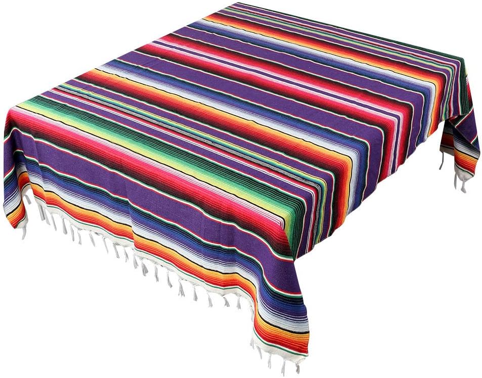 Mexican Tablecloth 60 x 85 Inch, Colorful Cotton Mexican Blanket with Fringe, Handwoven Beautiful Table Cloth for Mexican Fiesta Party Cinco de Mayo Decorations Perfect Picnic Blanket