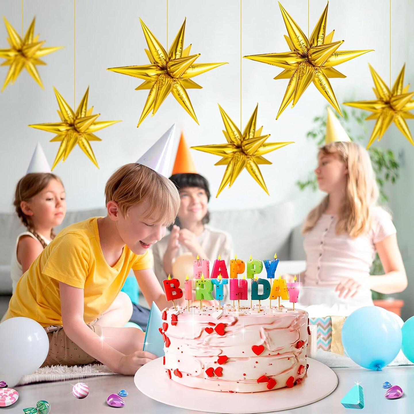 Gold Star Balloons - 72 Pcs Big 26 Inch Gold Mylar Starburst Balloons, Gold 12 Point Star Balloons, Starburst Foil Cone Balloons
