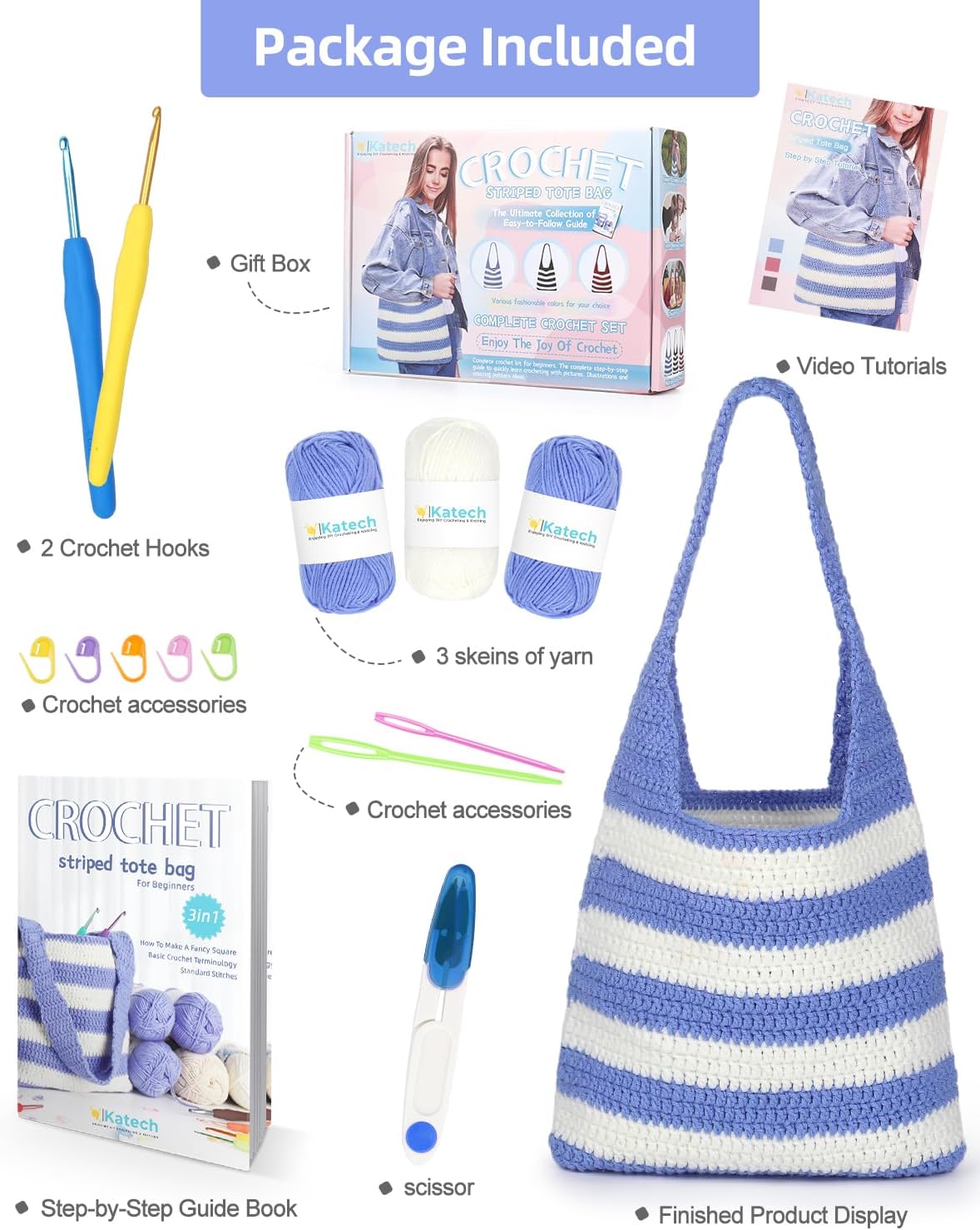 Crochet Kit for Beginners - Striped Tote Bag Set Includes Yarn, Hooks, Step-by-Step Guide, Needles & Accessories - Adults & Kids Crochet Starter Gift