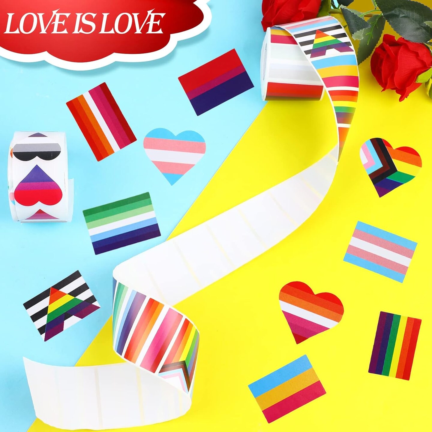 2 Rolls 1000 PCS Rainbow Pride Stickers – LGBTQ Heart Flag Stickers for Pride Month