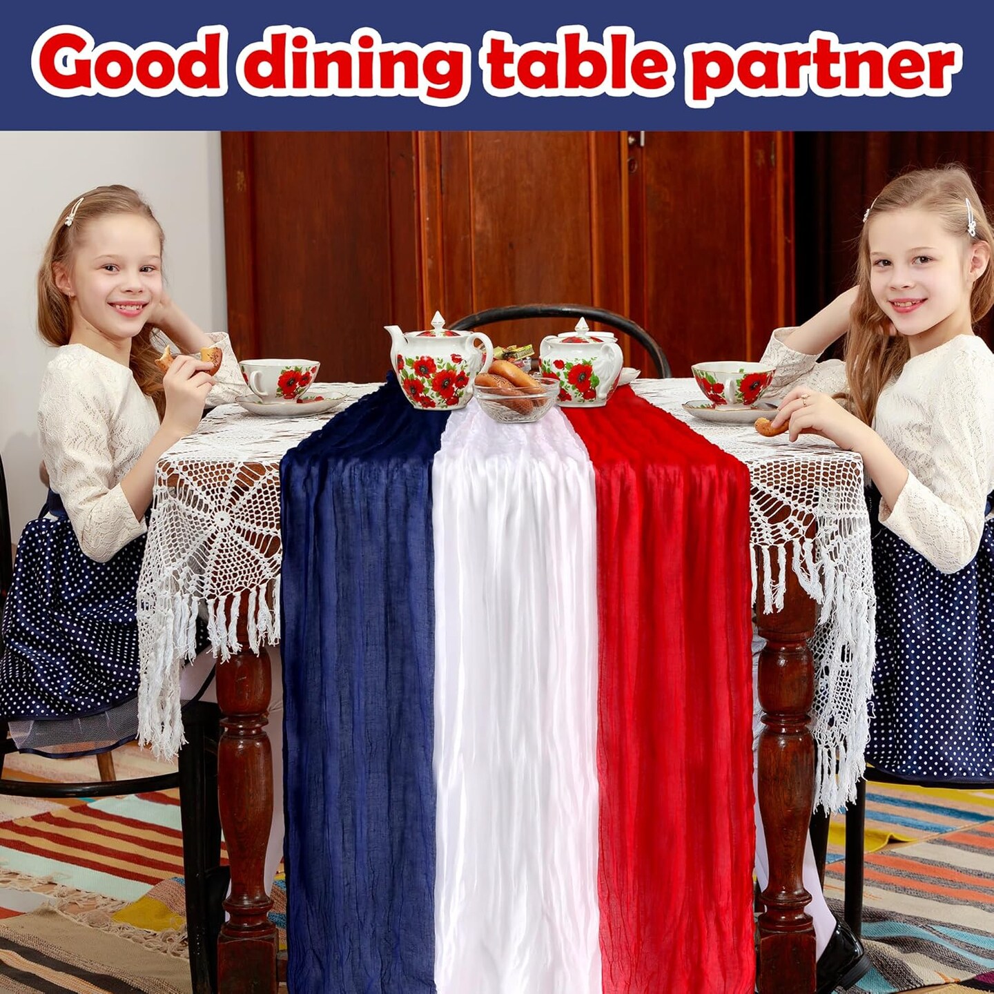 2 PCS 4th of July Cheese Cloth Table Runner- 120 x 38 Inch Rustic Red White and Blue Gauze Table Cloth- Patriotic Memorial Day Cheesecloth Table Runners for Independence Day Dining Table Decor
