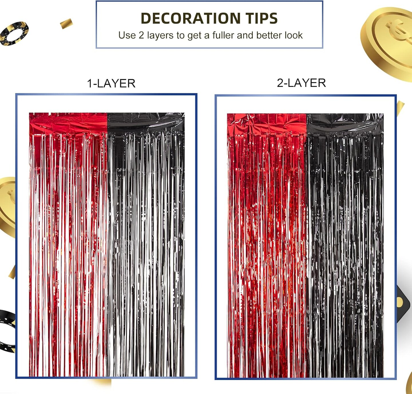 Casino Theme Party Decorations, 3 Pack Red and Black Birthday Party Supplies 3.3 x 6.6ft Tinsel Foil Fringe Curtains Photo Booth Props Backdrop Streamers, House Room Decor for Las Vegas Party
