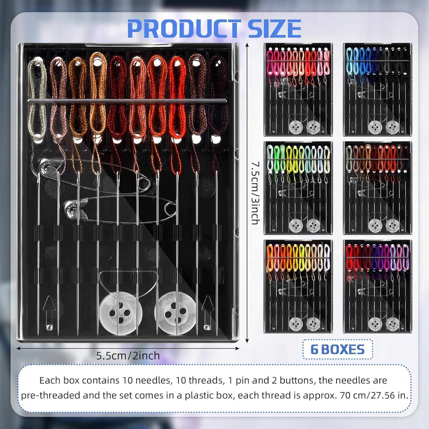 6 Boxes (60 Pcs) Pre Threaded Needle Kit Assorted Color (Mixed Color)