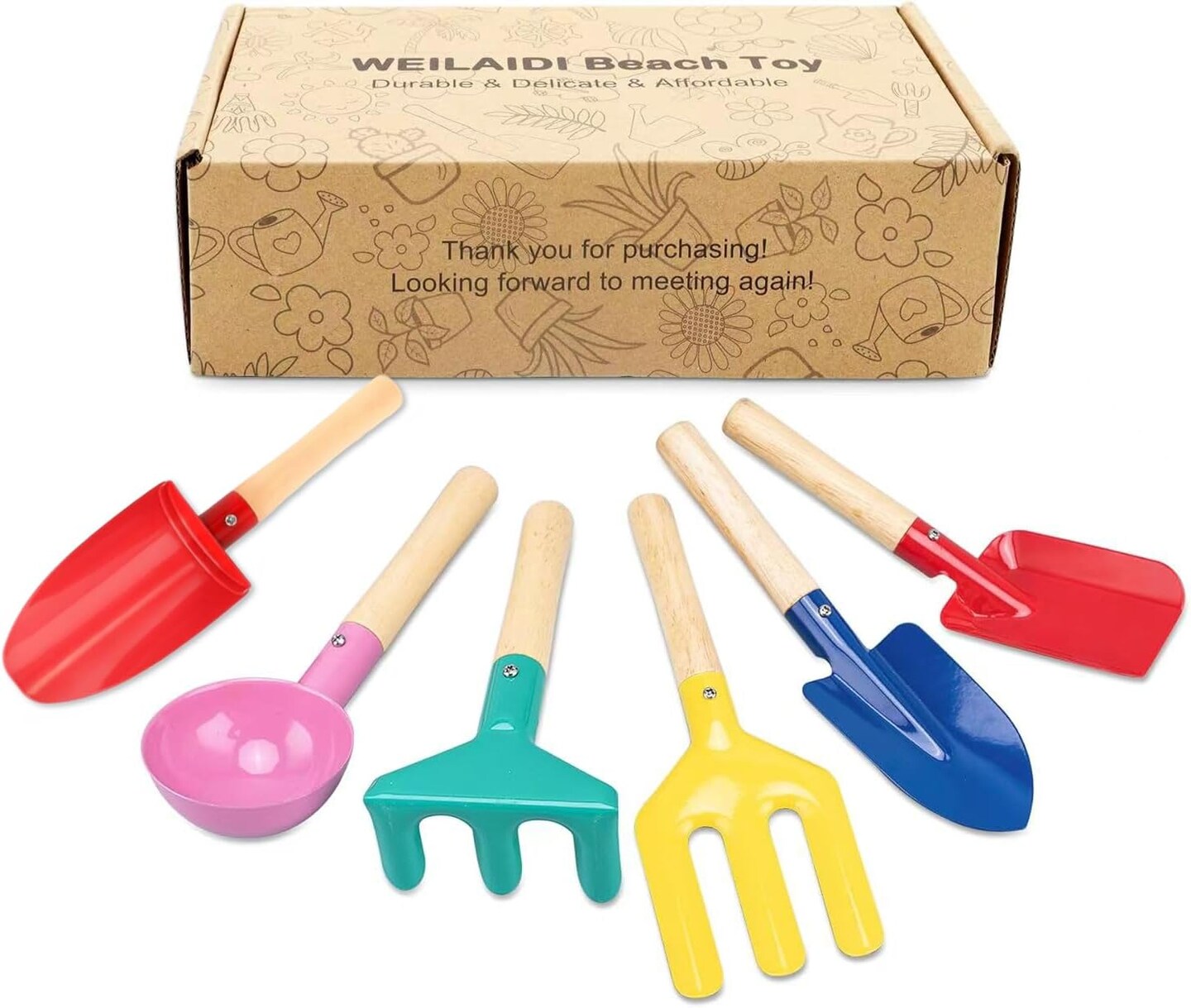 Summer Beach Toys, 6 Pcs Children Beach Sand Toys, 8&#x27;&#x27; Kids Gardening Set Metal Garden Tools with Sturdy Wooden Handle,Safe Kids Shovel with Cylinder, Spoon, Fork, Rake, Flat Shovel &#x26; Pointed Shovel