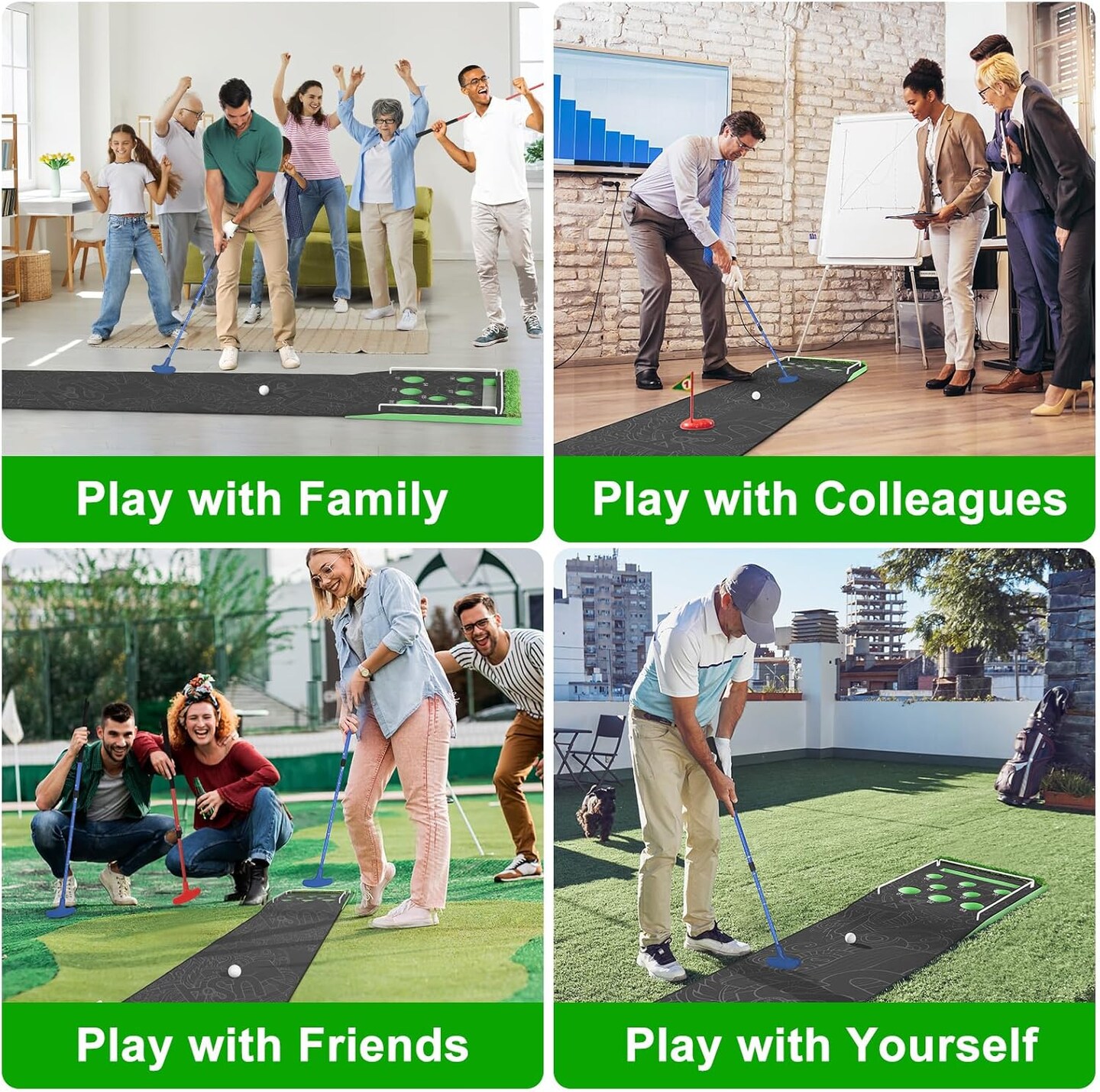 Golf Pong Game Set - 10.1&#x27; x 1.6&#x27; (3.08m x 0.49m) Foldable Indoor Putting Green with 2 Adjustable Putters, 8 Golf Balls, &#x26; Carrying Bag for Backyard, Office, or Home Practice
