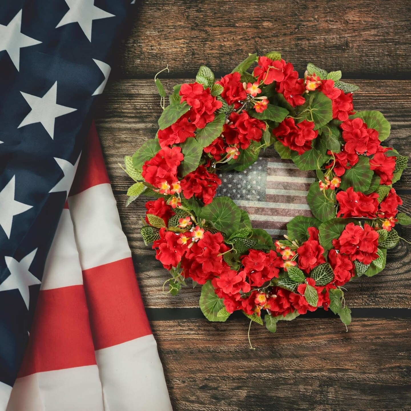 20in Patriotic Geranium Wreath, 4th of July, American Flag Accent
