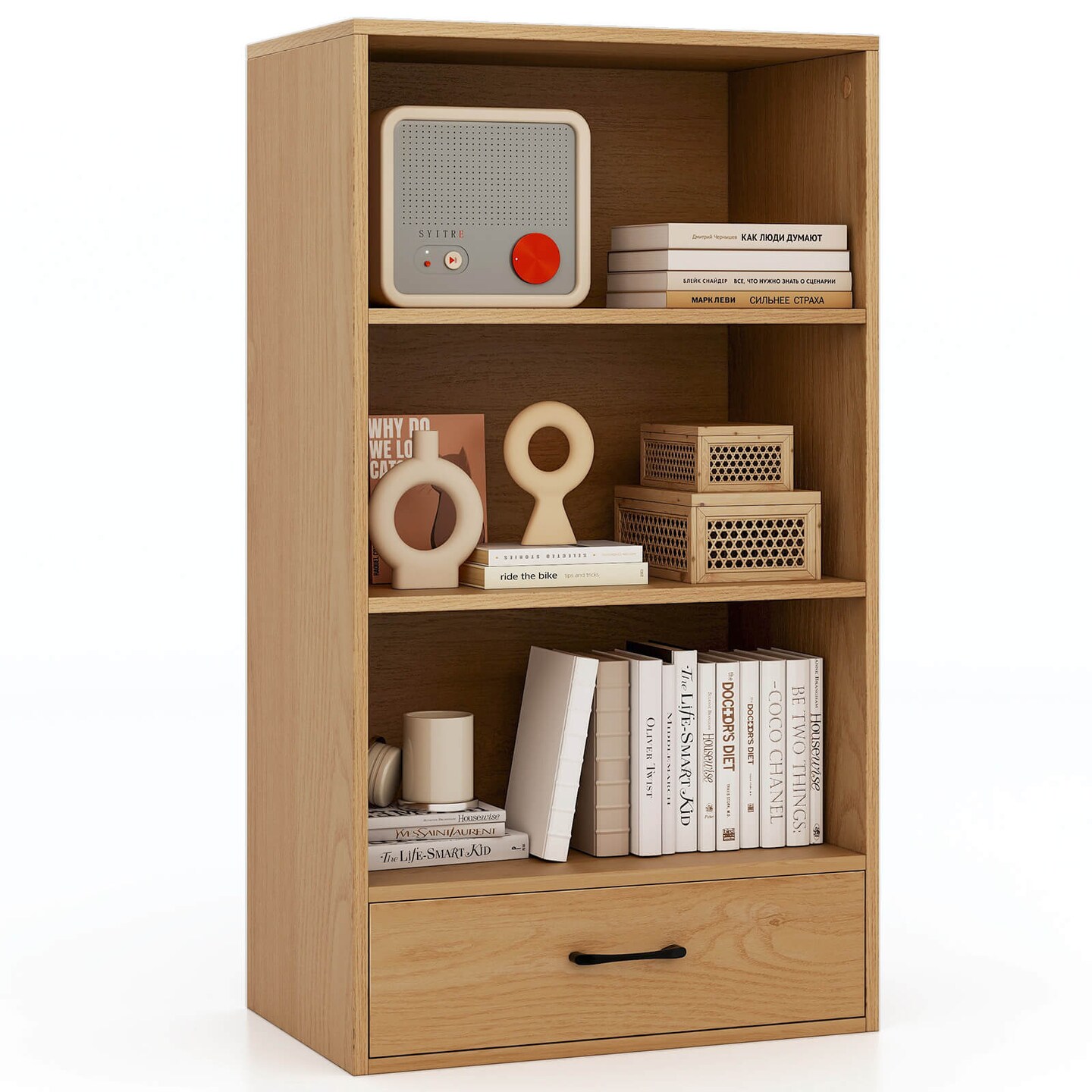 Costway 4-Tier Bookcase 48'' Display Bookshelf Storage Organizer with Shelves & Drawer Grey/White/Natural