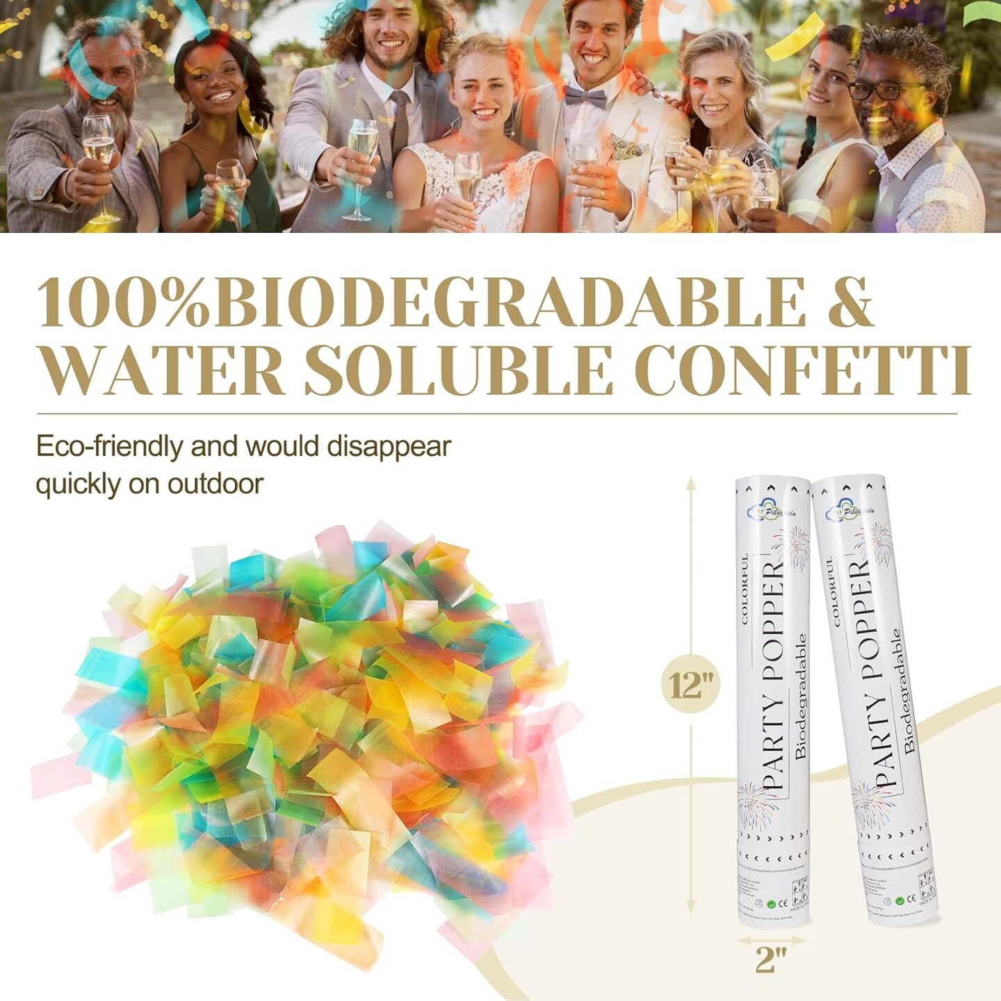 6PCS White Biodegradable Confetti Cannons – Air-Powered Party Poppers for Weddings & Birthdays