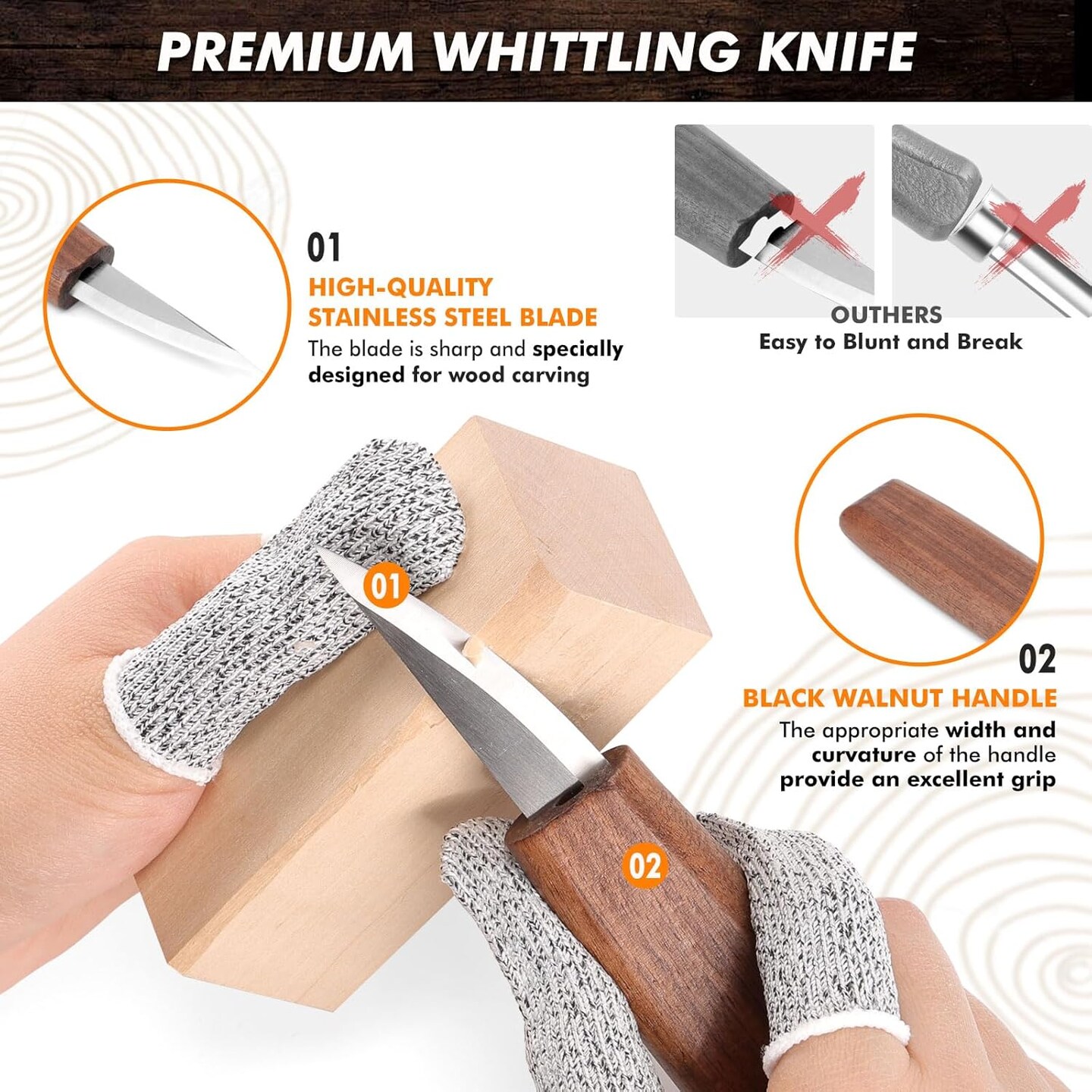 Wood Carving Tools Kit for Beginners 23pcs Hand Carving Knife Set Craft Engraving Supplies Include All-Purpose Cutting Knife and with Cut Resistant Gloves for Kids Adults Woodcrafts DIY