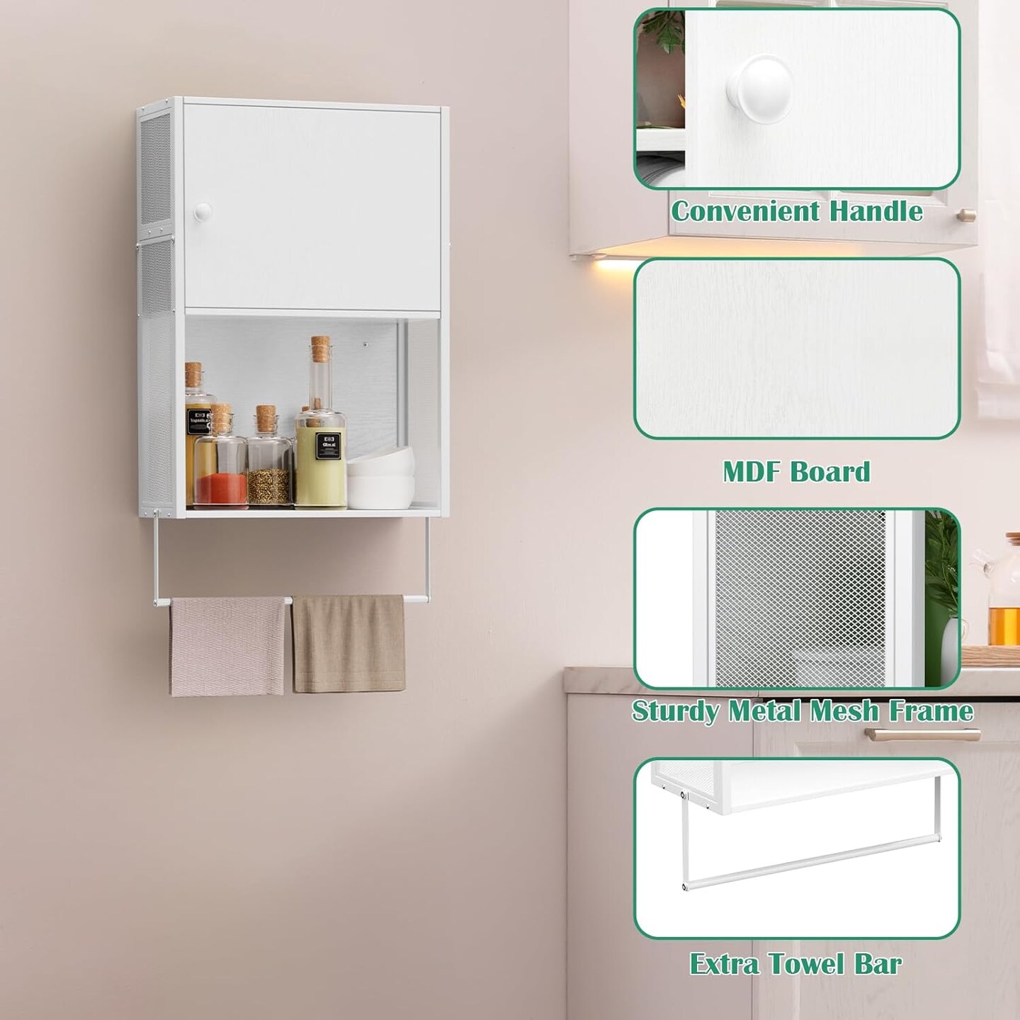 White Wall-Mounted 3-Tier Bathroom Cabinet with Towel Bar - Over Toilet Storage Shelf, Medicine Cabinet for Bathroom, Laundry, Bedroom, Kitchen (7.8&#x22;D x 16.9&#x22;W x 29.2&#x22;H)