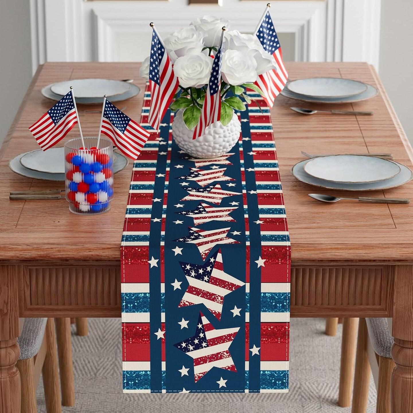 Patriotic Stripes Stars Pentagram America 4th of July Memorial Day Independence Day Table Runner Decoration for Home Kitchen Holiday Party