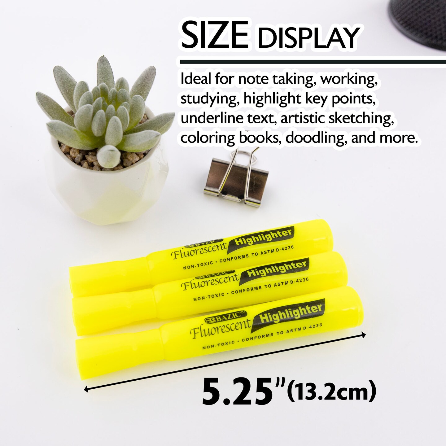 BAZIC Desk Style Fluorescent Highlighters Yellow (4/Pack)