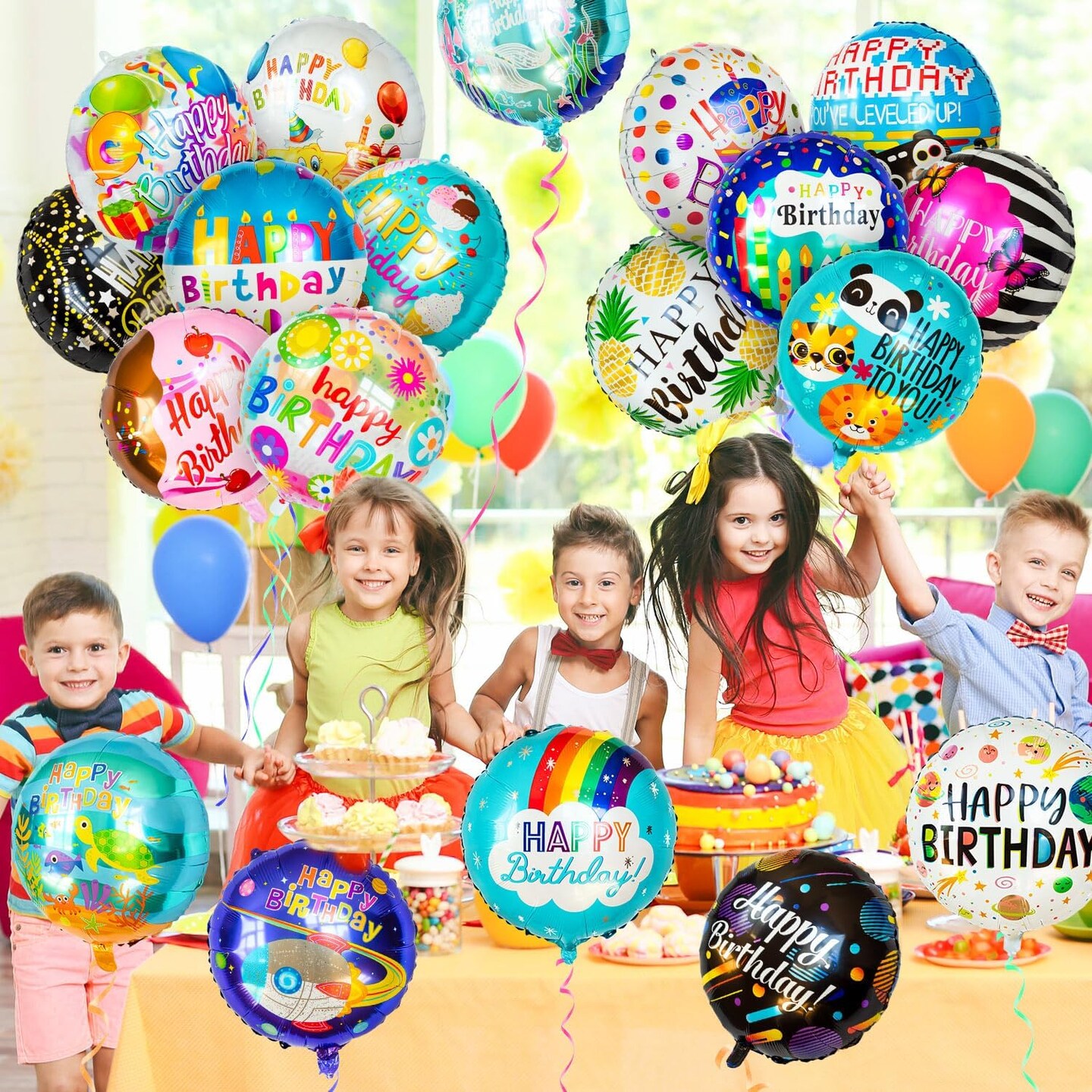 100 Pcs Happy Birthday Mylar Balloons, 18IN Round Birthday Helium Aluminum Foil Balloons