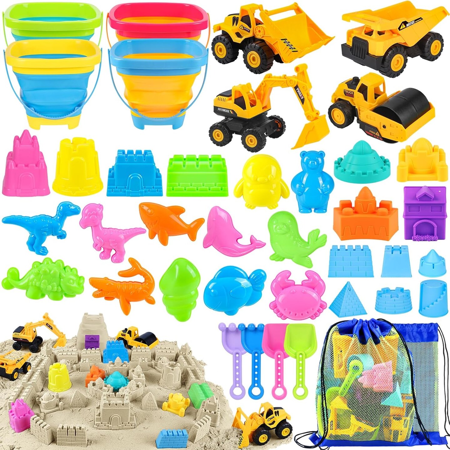 Summer Beach Toys, 40Pcs Sand Toys for Toddlers 1-3 with Sand Construction Vehicles Set, Collapsible Sand Bucket