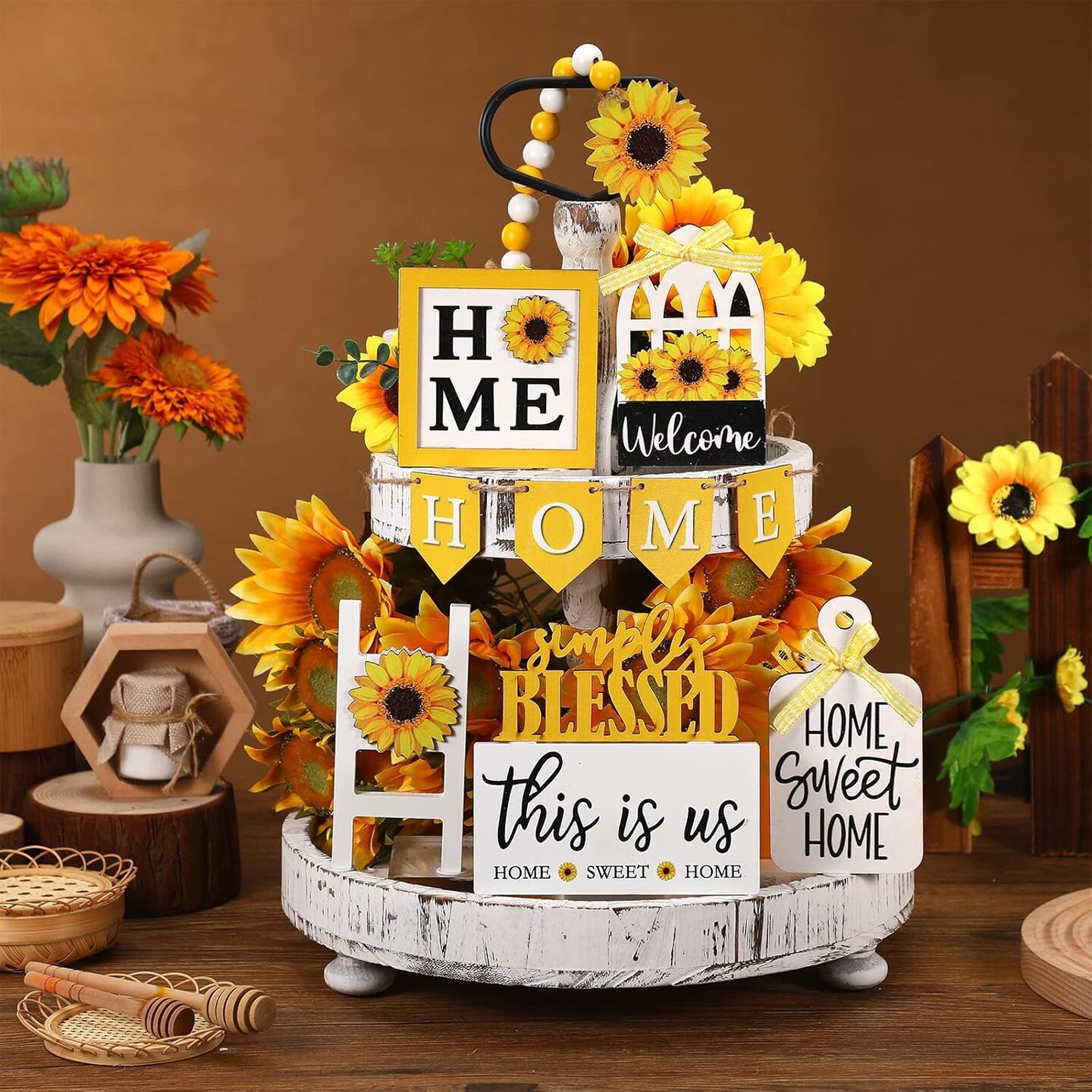 11 Pcs Sunflower Tiered Tray Decor Set