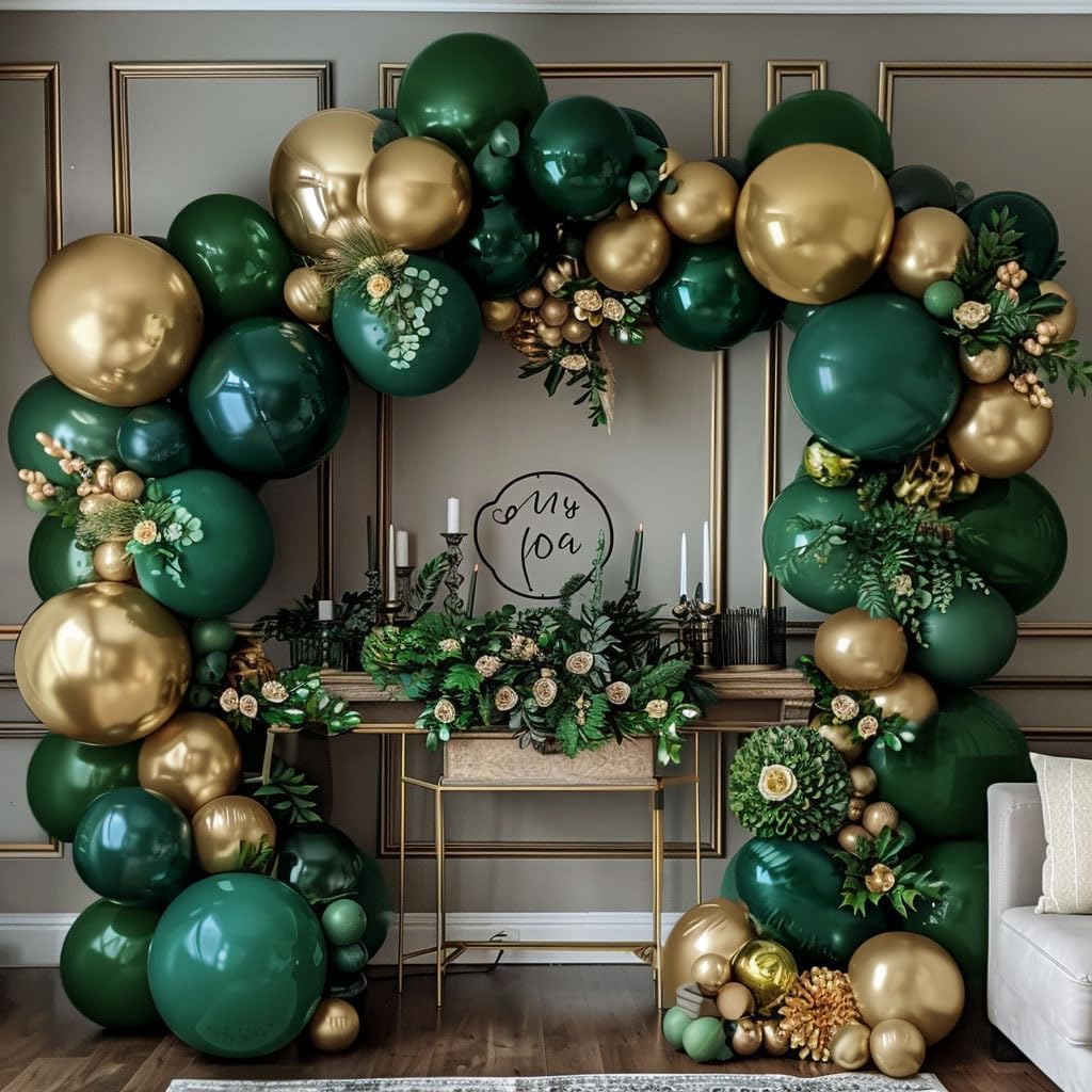 Emerald Green Gold Balloons Garland Double Stuffed Dark Green Metallic Gold Balloons Hunter Forest Green Gold Balloons Arch Kit for Birthday Baby Shower Wedding Christmas Jungle Party Decorations