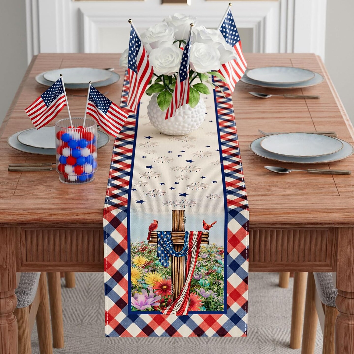 Flowers Cardinals Birds Stars Patriotic 4th of July Memorial Day America Independence Day Table Runner Decoration for Home Kitchen Holiday Party