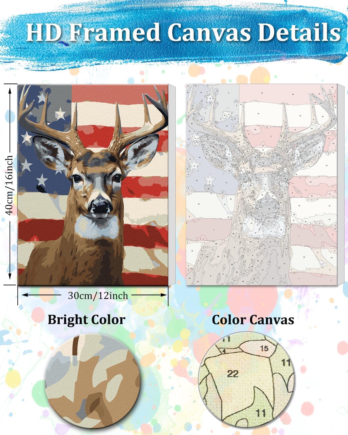 Framed Paint by Numbers Kit for Adults, American Deer Paint by Numbers with Frame,Deer Paint by Number Framed Canvas for Adults Animals (12x16Inch, Without Easel)